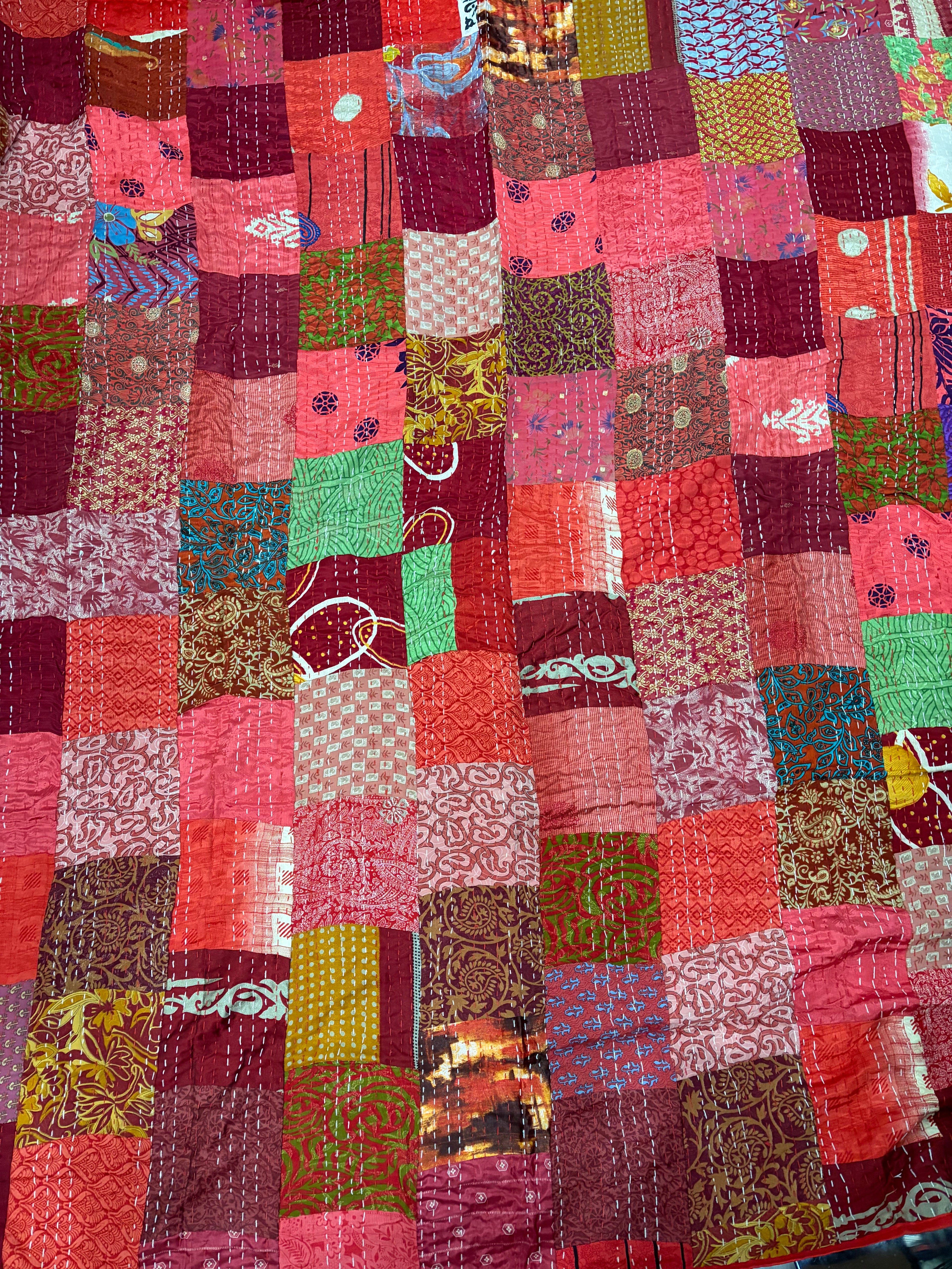 Hand-Stitched Silk Patchwork Kantha Quilt (60" x 90") – Luxurious Bohemian Throw