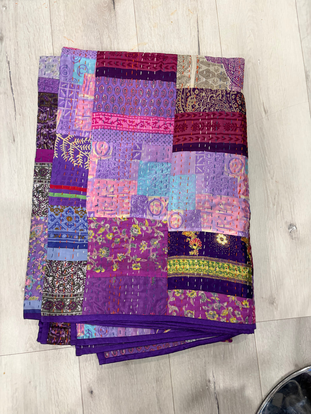 Hand-Stitched Silk Patchwork Kantha Quilt (60" x 90") – Luxurious Bohemian Throw