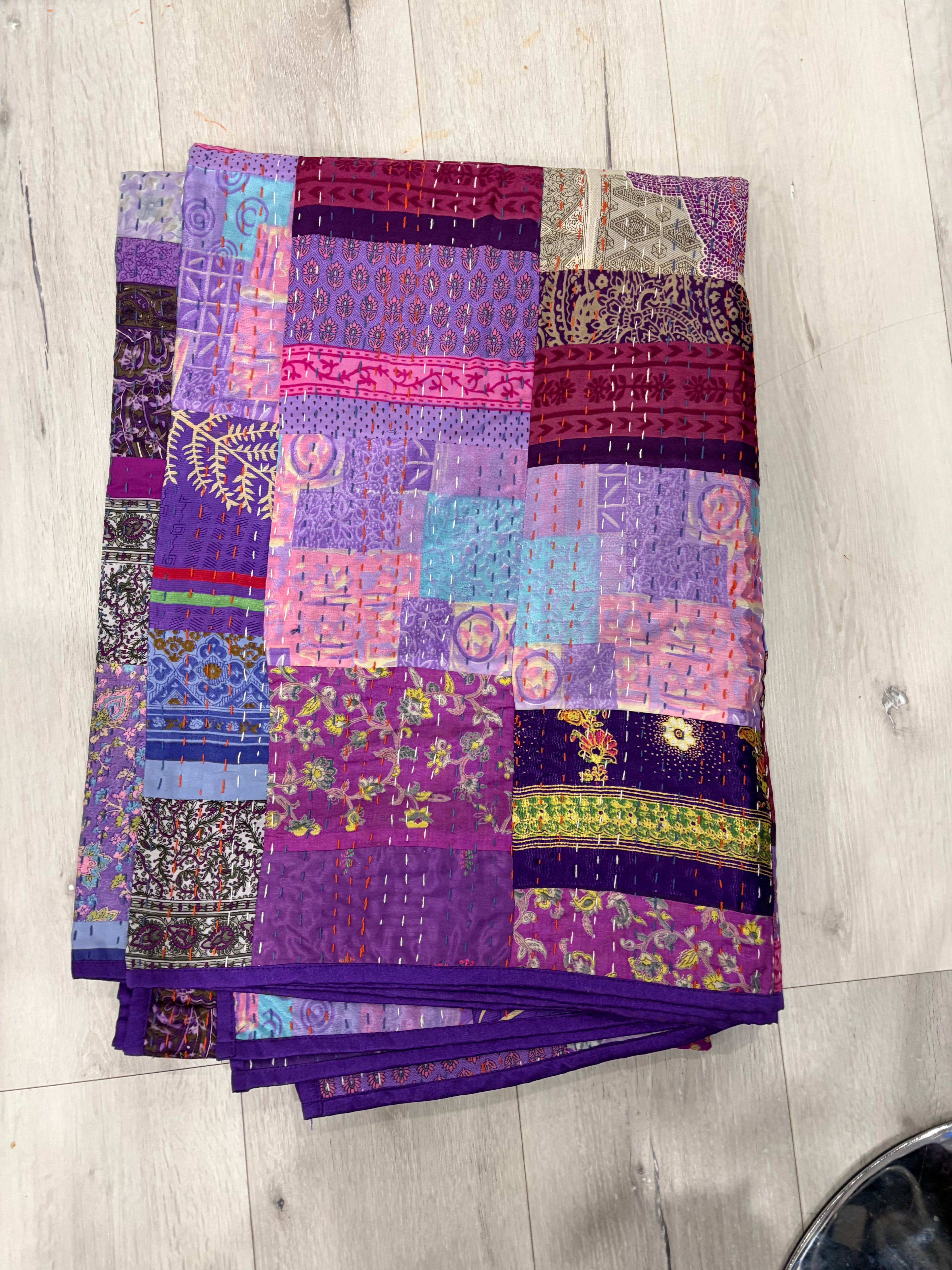 Hand-Stitched Silk Patchwork Kantha Quilt (60" x 90") – Luxurious Bohemian Throw