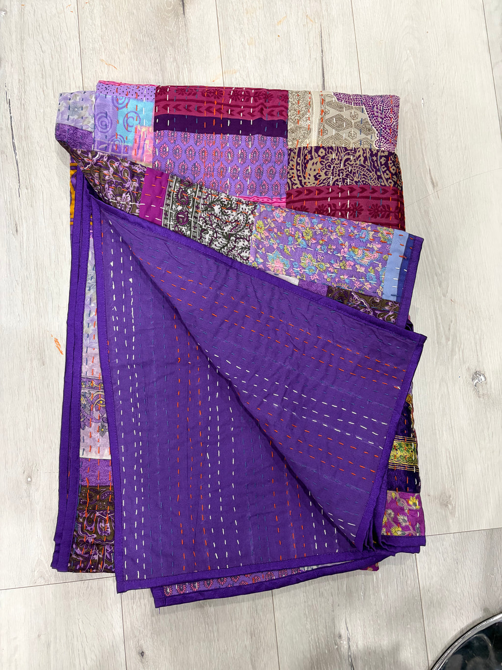 Hand-Stitched Silk Patchwork Kantha Quilt (60" x 90") – Luxurious Bohemian Throw