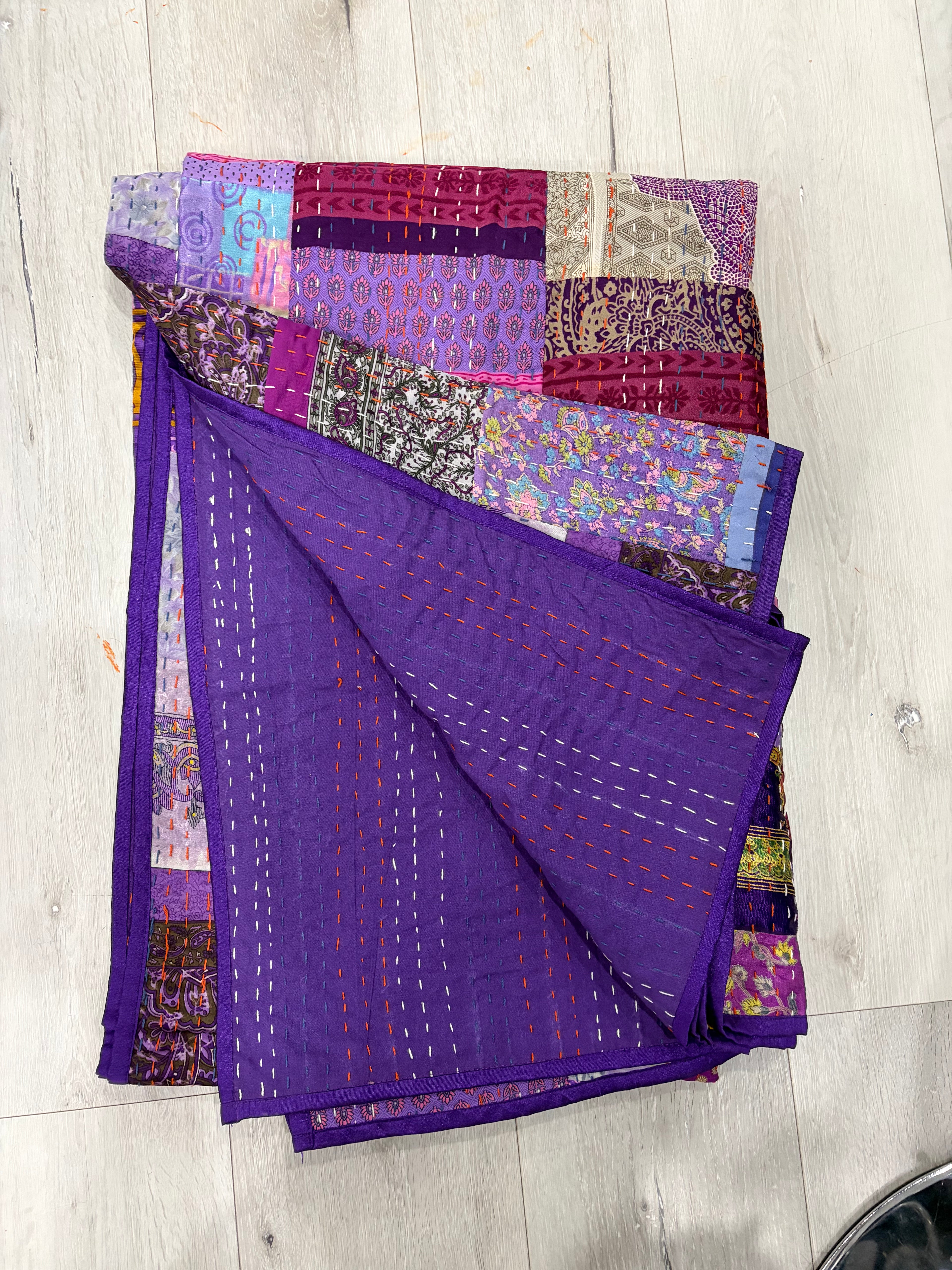 Hand-Stitched Silk Patchwork Kantha Quilt (60" x 90") – Luxurious Bohemian Throw