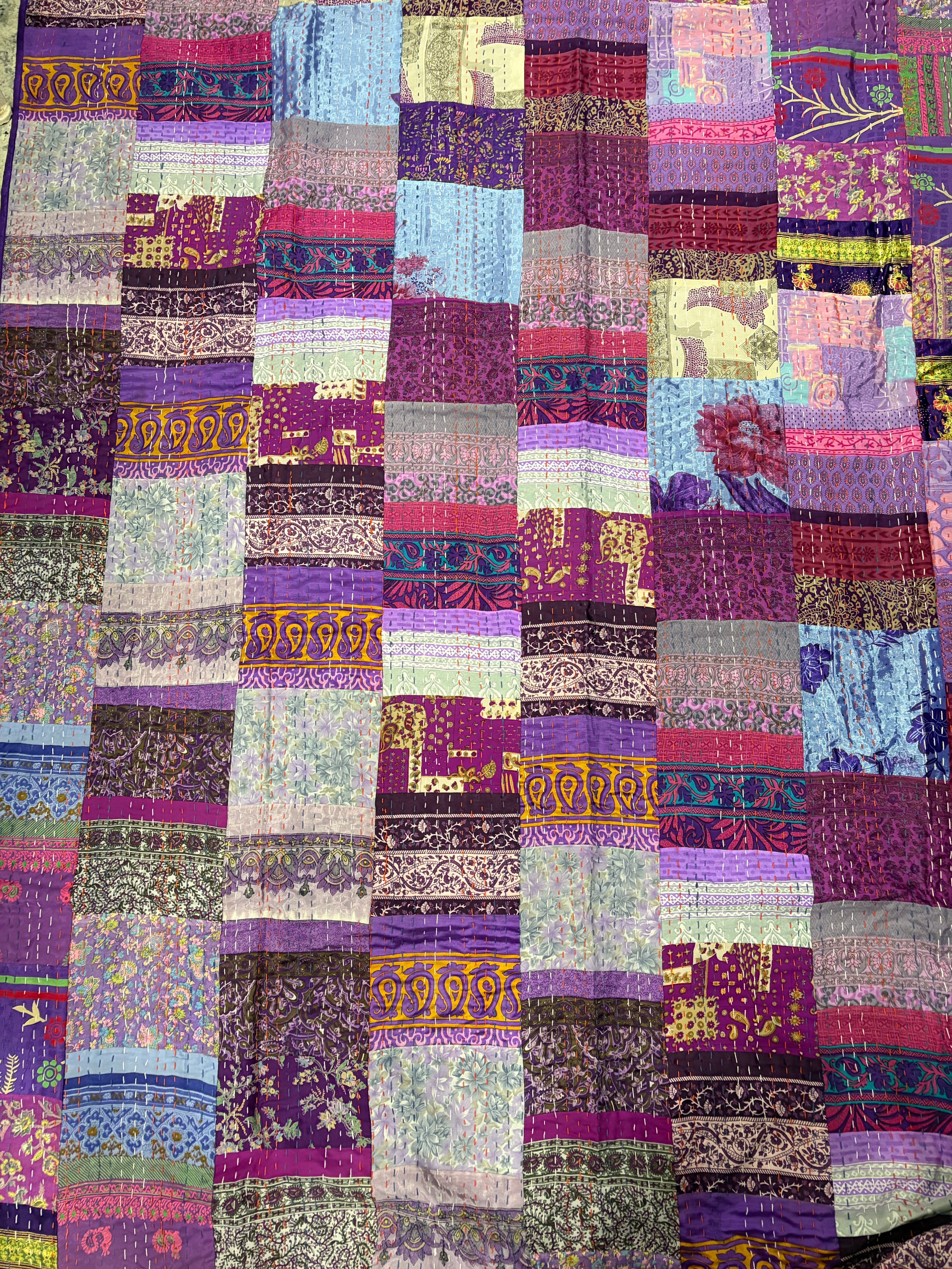 Hand-Stitched Silk Patchwork Kantha Quilt (60" x 90") – Luxurious Bohemian Throw