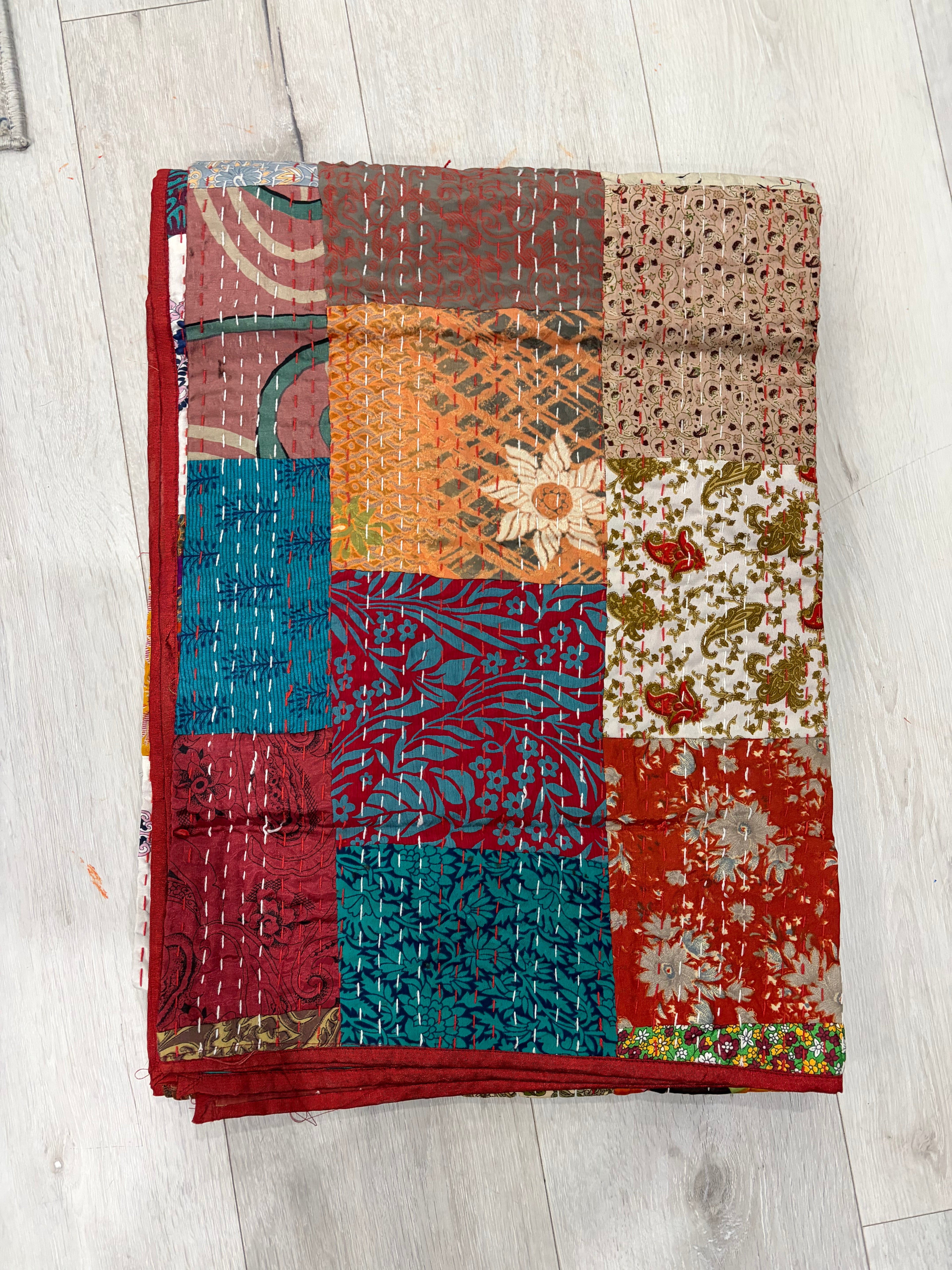 Hand-Stitched Silk Patchwork Kantha Quilt (60" x 90") – Luxurious Bohemian Throw