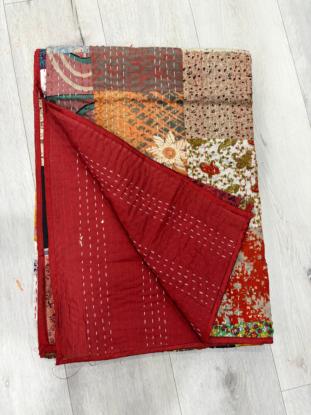 Hand-Stitched Silk Patchwork Kantha Quilt (60" x 90") – Luxurious Bohemian Throw