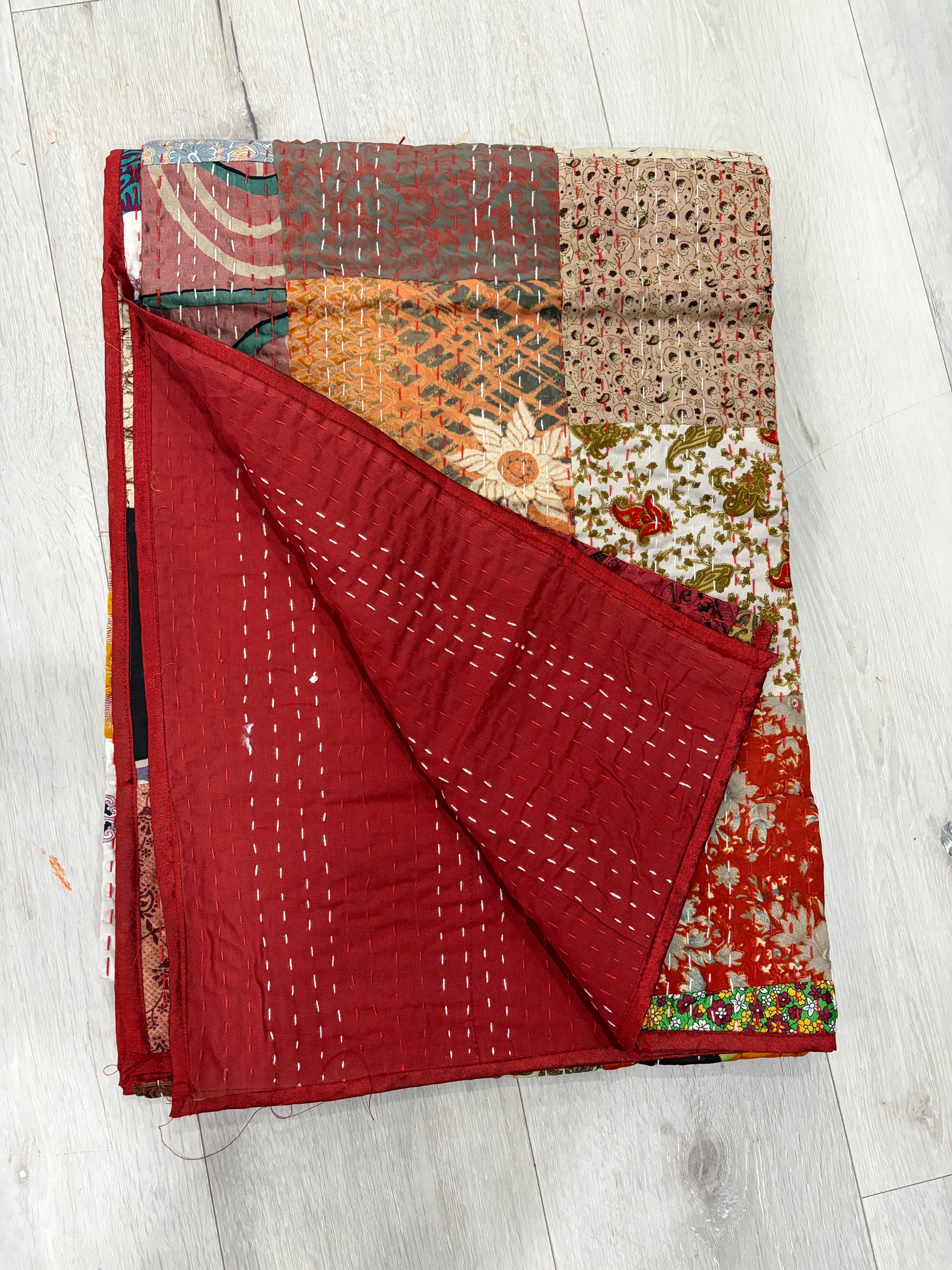 Hand-Stitched Silk Patchwork Kantha Quilt (60" x 90") – Luxurious Bohemian Throw