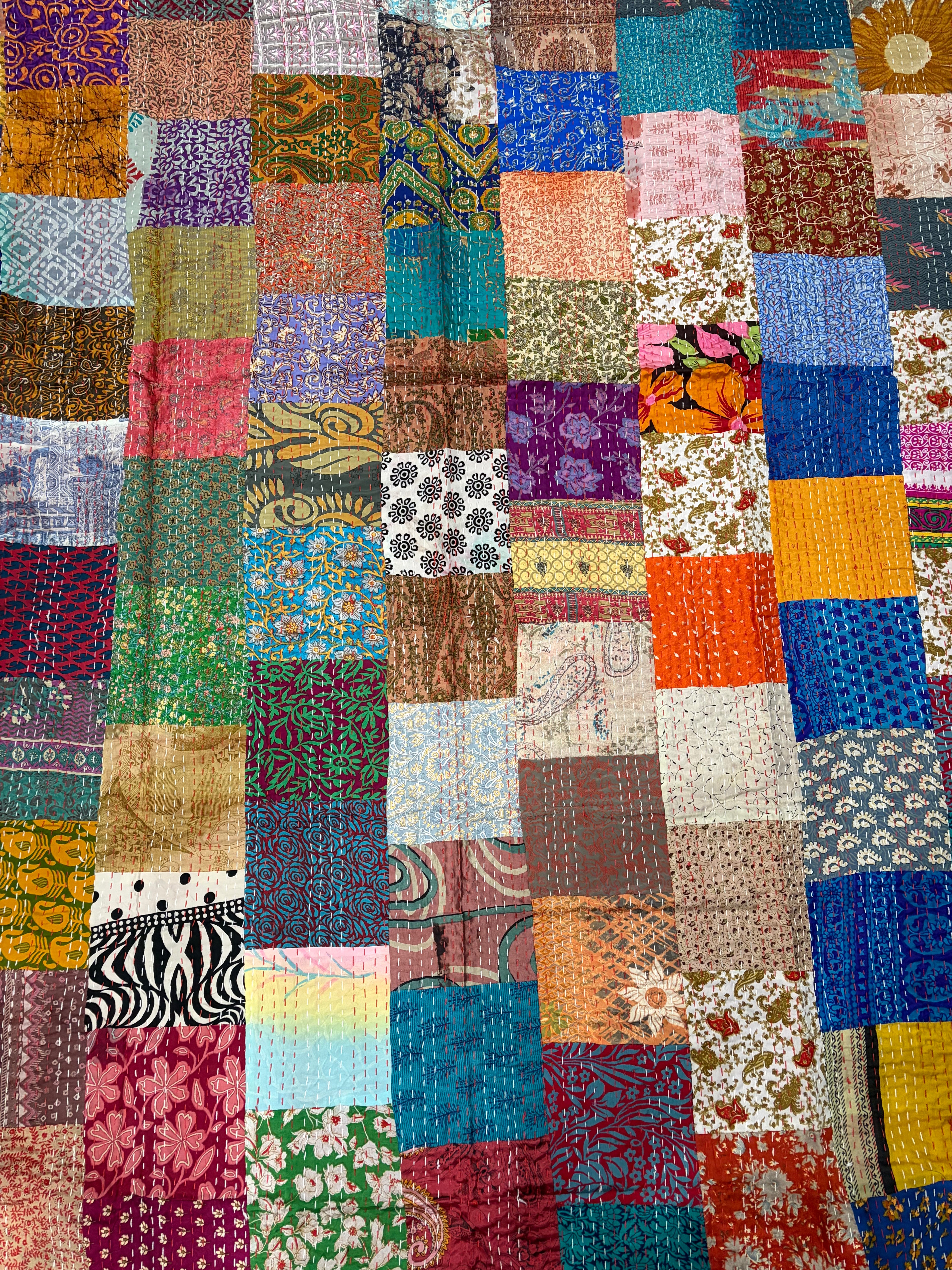 Hand-Stitched Silk Patchwork Kantha Quilt (60" x 90") – Luxurious Bohemian Throw