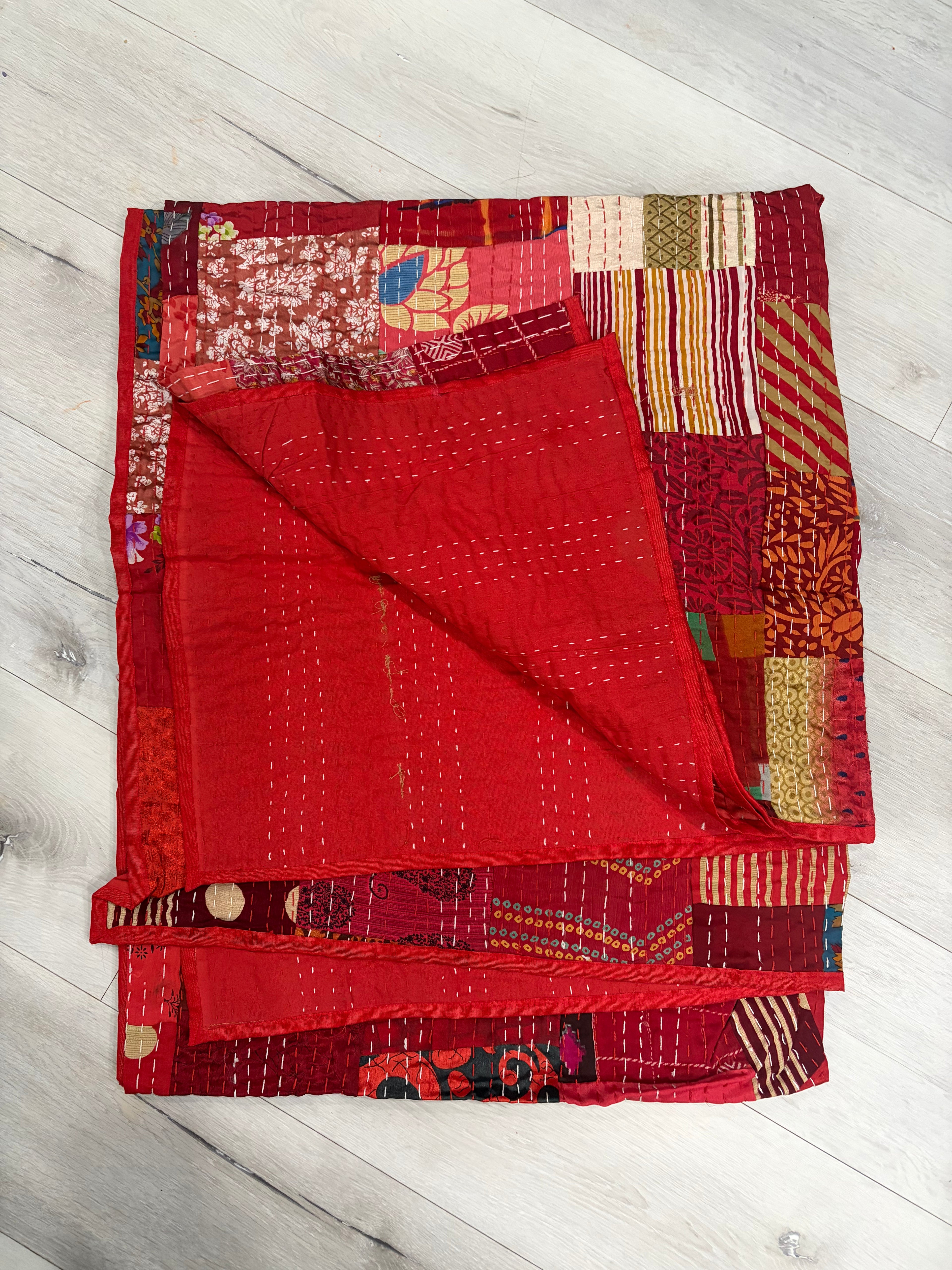 Hand-Stitched Silk Patchwork Kantha Quilt (90" x 108") – Luxury Queen/King Bedspread