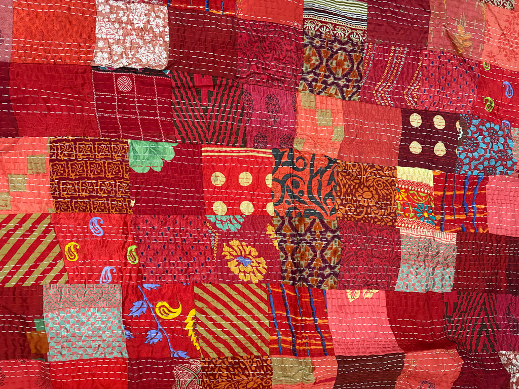 Hand-Stitched Silk Patchwork Kantha Quilt (90" x 108") – Luxury Queen/King Bedspread
