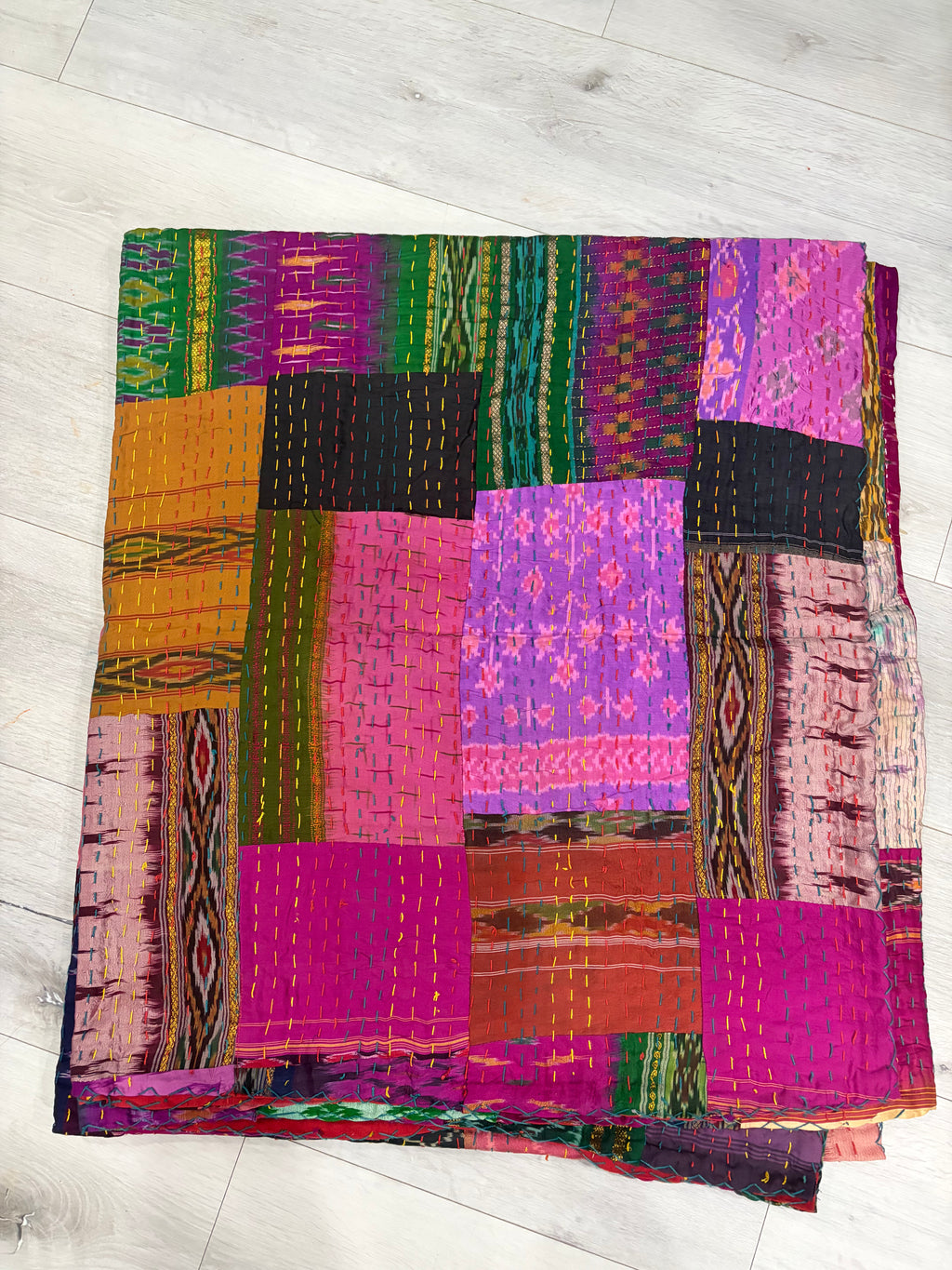Hand-Stitched Silk Patchwork Kantha Quilt (90" x 108") – Luxury Queen/King Bedspread
