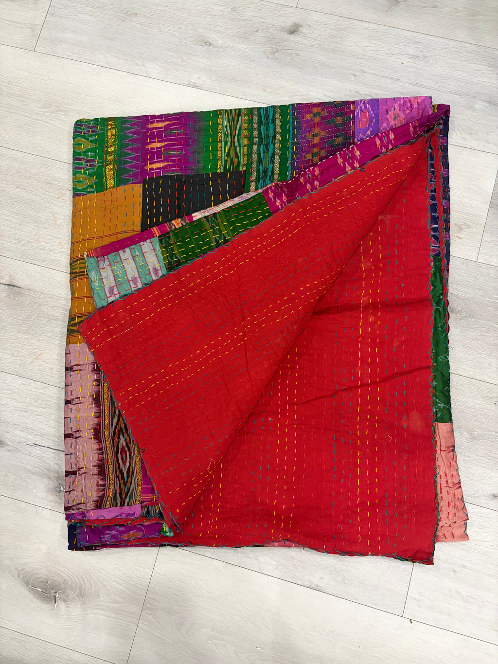 Hand-Stitched Silk Patchwork Kantha Quilt (90" x 108") – Luxury Queen/King Bedspread