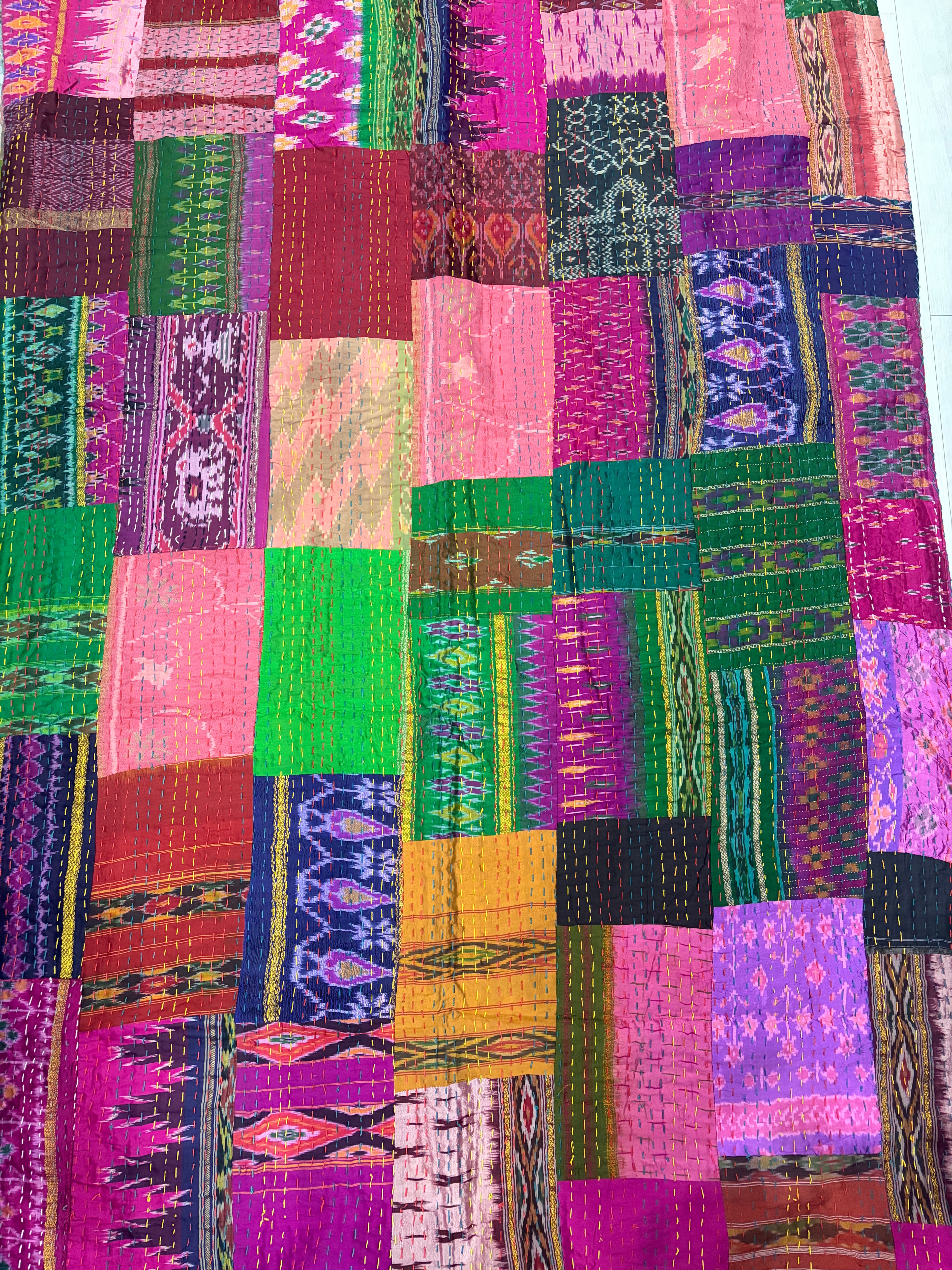 Hand-Stitched Silk Patchwork Kantha Quilt (90" x 108") – Luxury Queen/King Bedspread