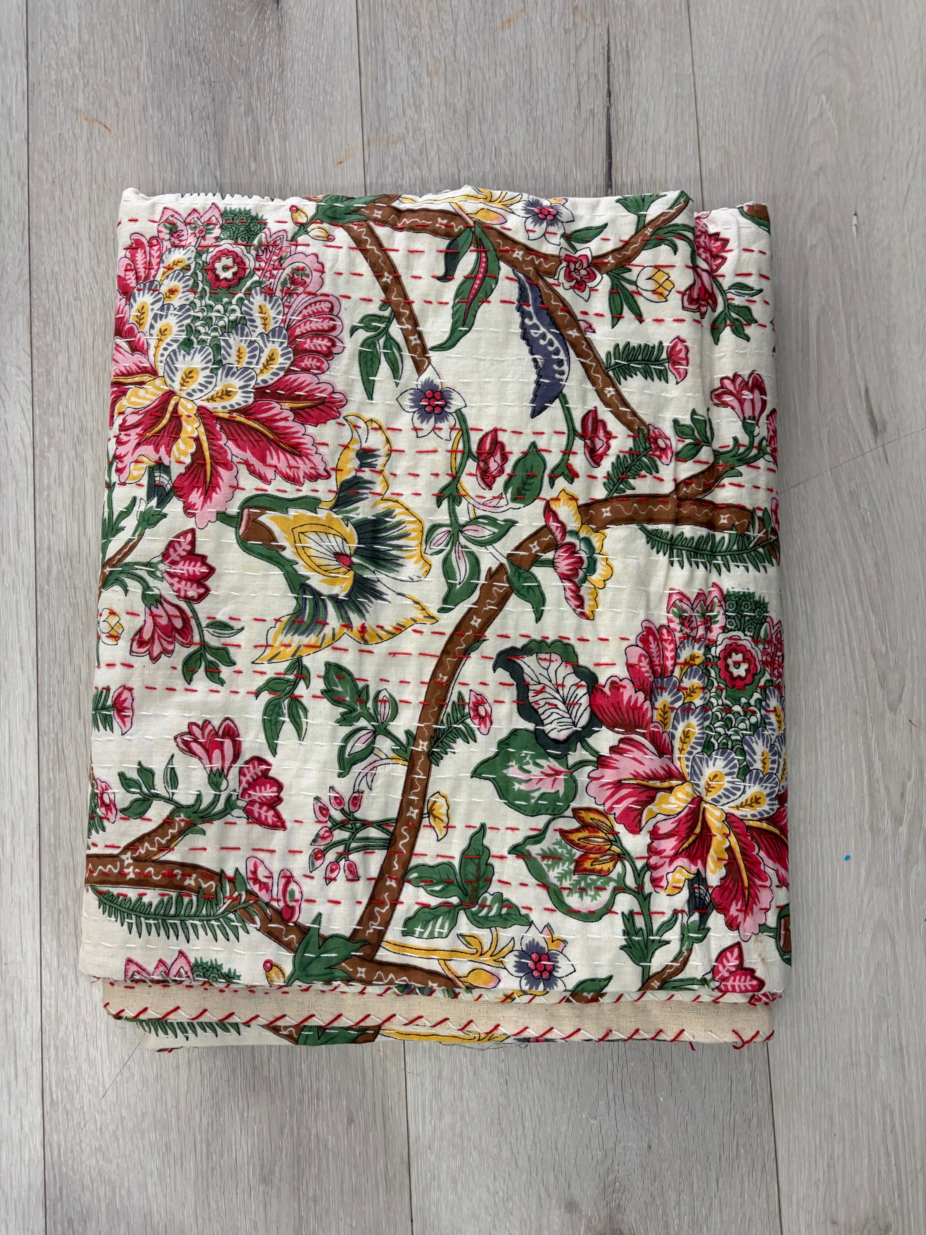 Hand-Stitched Cotton Kantha Quilt (60" x 90") – Twin Size Throw & Bedspread