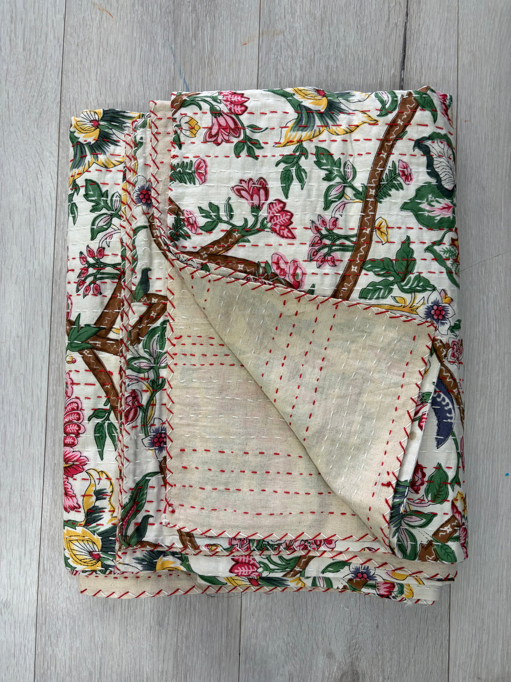 Hand-Stitched Cotton Kantha Quilt (60" x 90") – Twin Size Throw & Bedspread