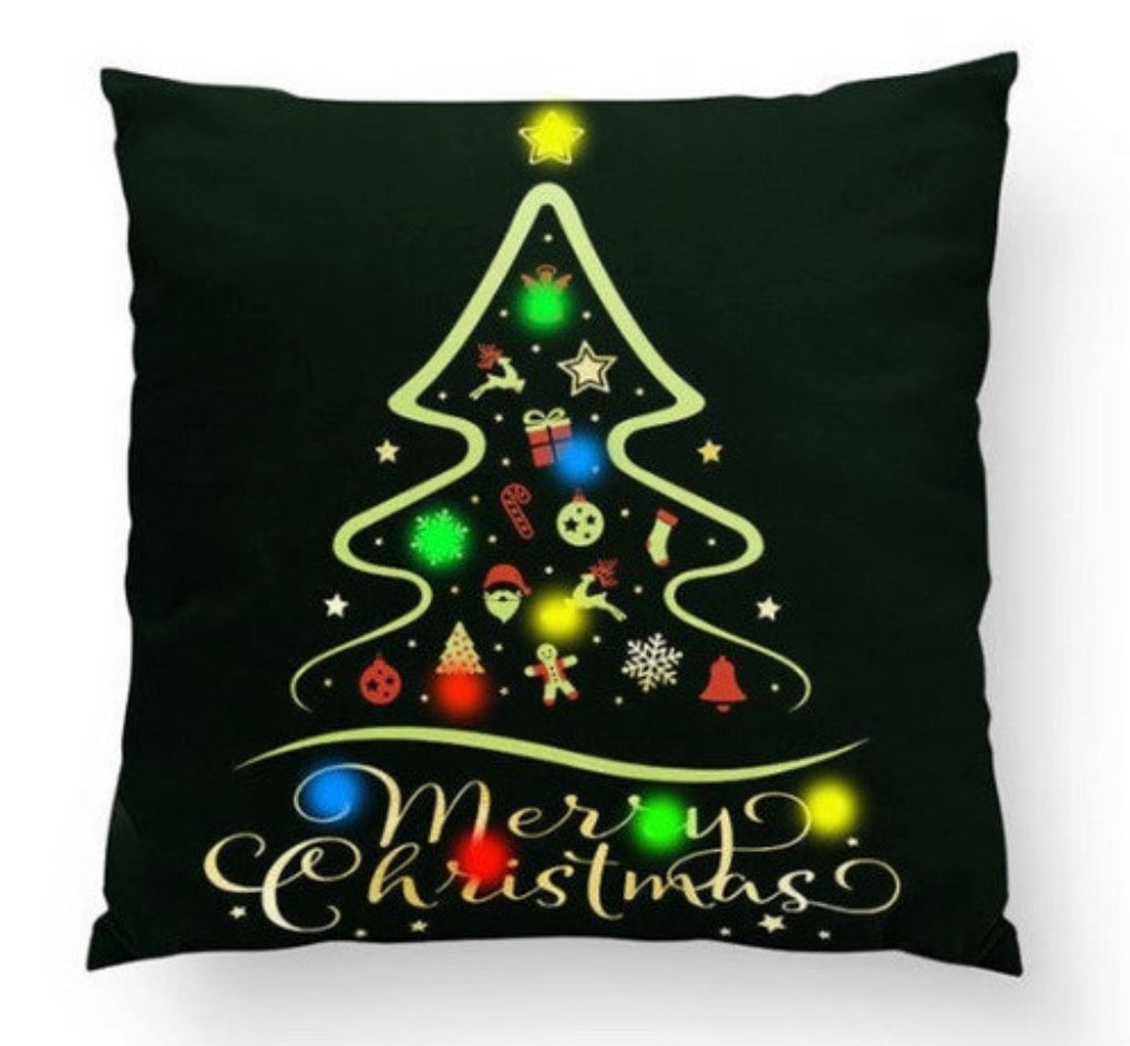 🎄 Midnight Glow: Stylized Christmas Tree & Lights Cushion Cover (18" x 18")