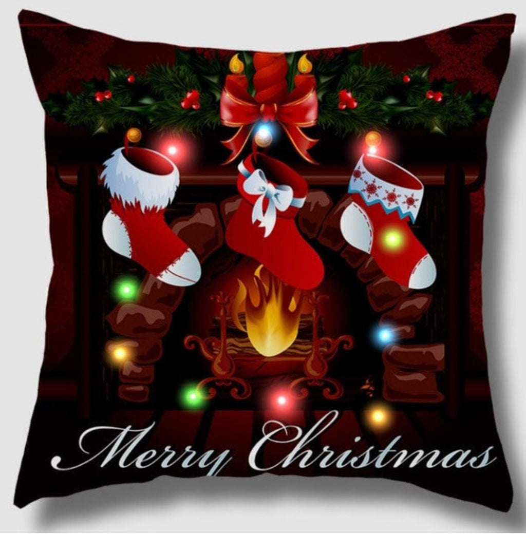 Merry Christmas Fireplace & Stockings Cushion Cover (18x18) | Festive Holiday Throw Pillow Case | Artisan Auraa Home Decor
