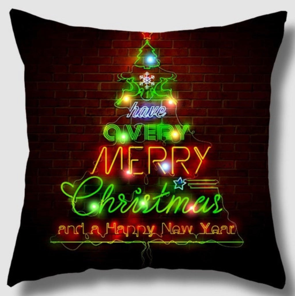 Neon Christmas Tree Cushion Cover 18 x 18 – “Have a Very Merry Christmas and a Happy New Year” – Festive Decorative Pillow Cover