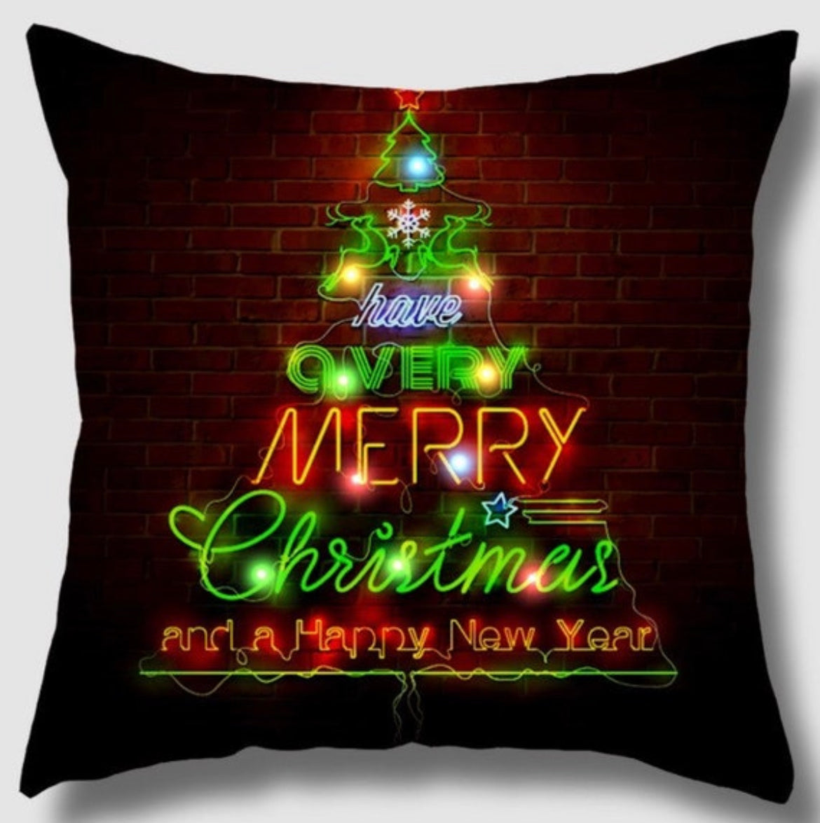 Neon Christmas Tree Cushion Cover 18 x 18 – “Have a Very Merry Christmas and a Happy New Year” – Festive Decorative Pillow Cover