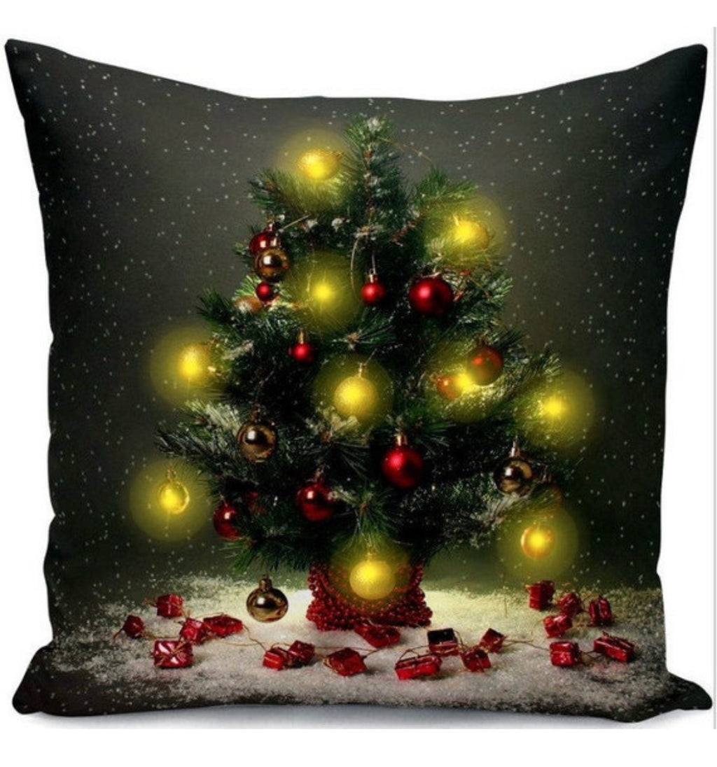 Glowing Christmas Tree Cushion Cover – 18 x 18 Inch – Festive Lights & Gift Boxes Design