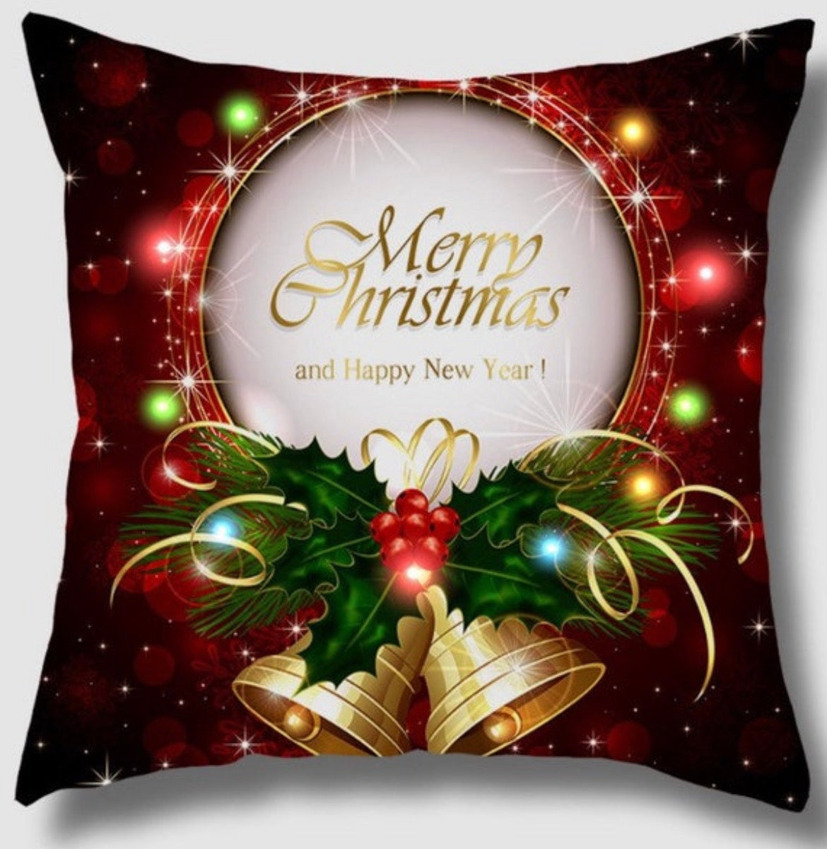 🔔 Sparkling Holiday Magic: Golden Bells & Holly Cushion Cover (18" x 18")