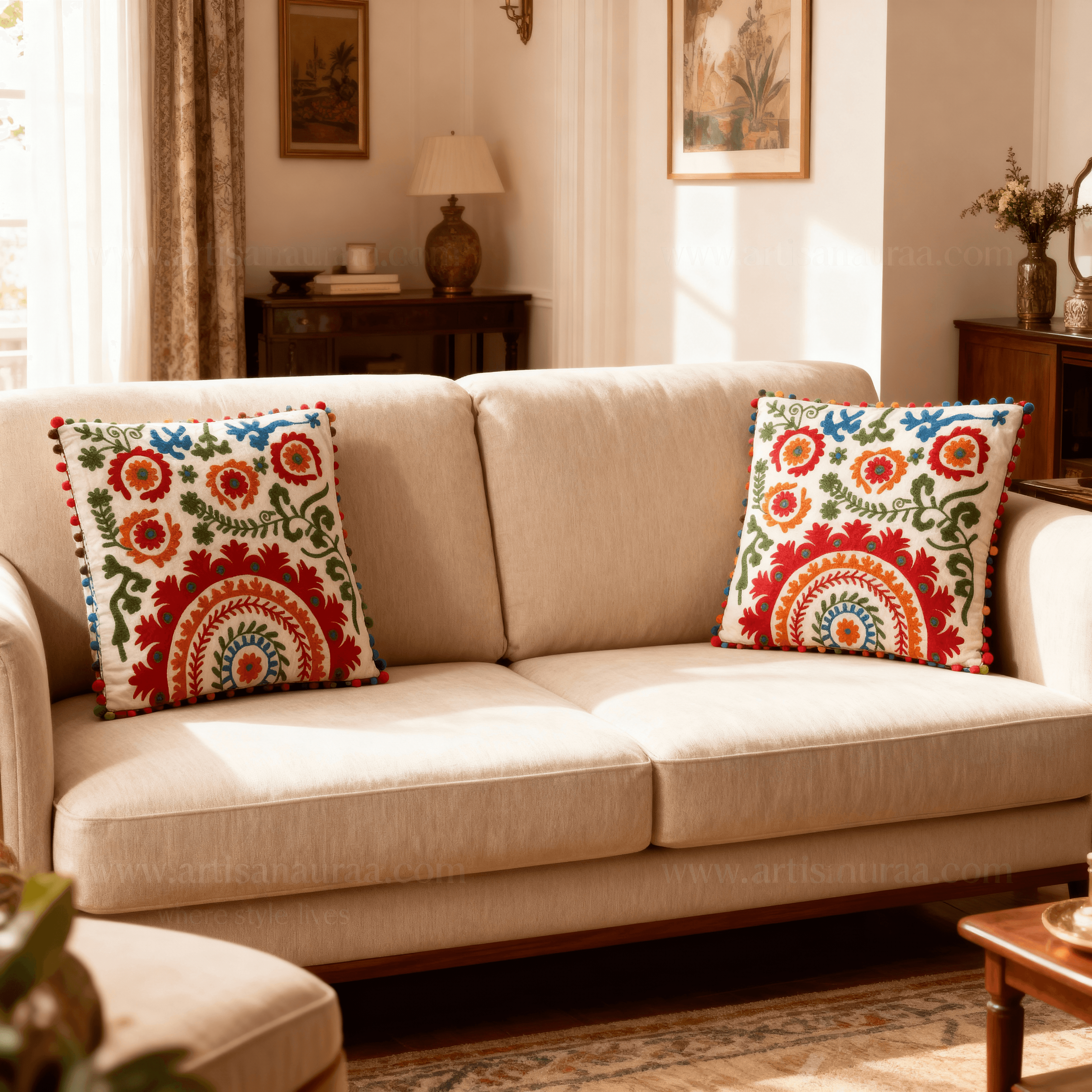 Vintage Inspired Hand-Embroidered Suzani Cushion Cover | 20" x 20" | Multi-Color Floral & Arch Design