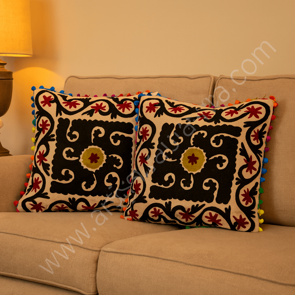 Vintage Inspired Hand-Embroidered Suzani Cushion Cover | 20" x 20" | Multi-Color Floral & Arch Design