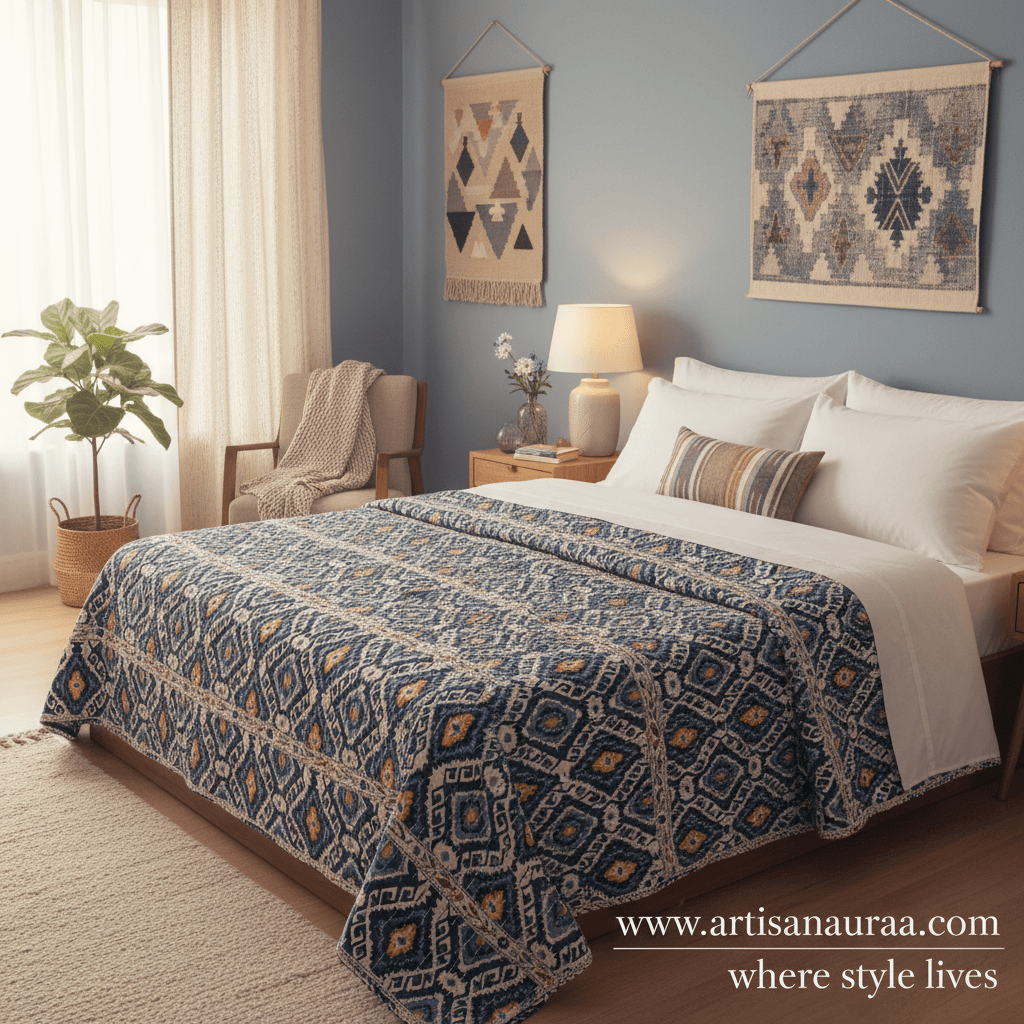 Hand-Stitched Floral Kantha Quilt (90" x 108")