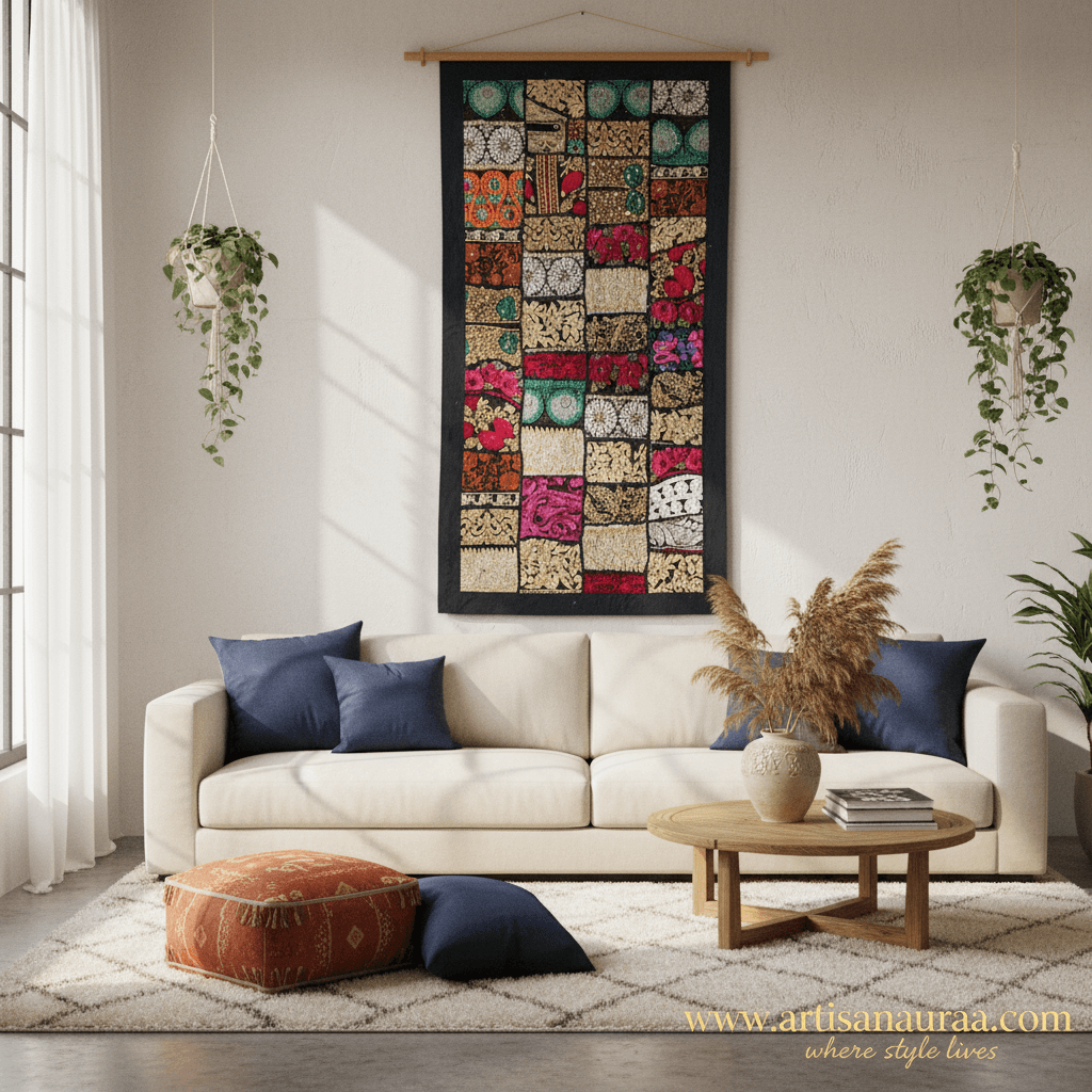 Bohemian Patchwork Tapestry Wall Hanging - Handmade Embroidered Fabric Art for Boho Home Decor, Living Room, Bedroom, Gift