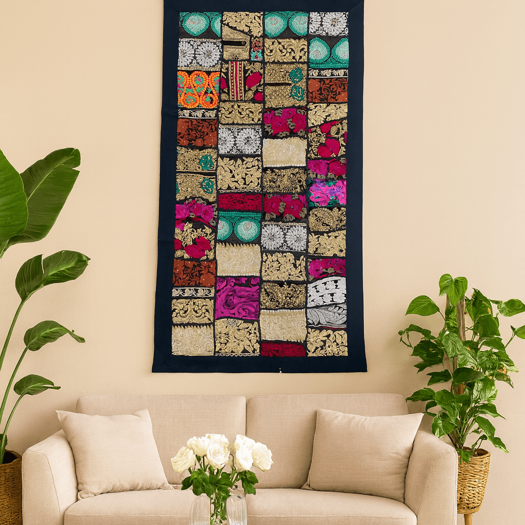Vintage Zardozi Patchwork Wall Tapestry (43" x 23") – Bohemian Textile Art