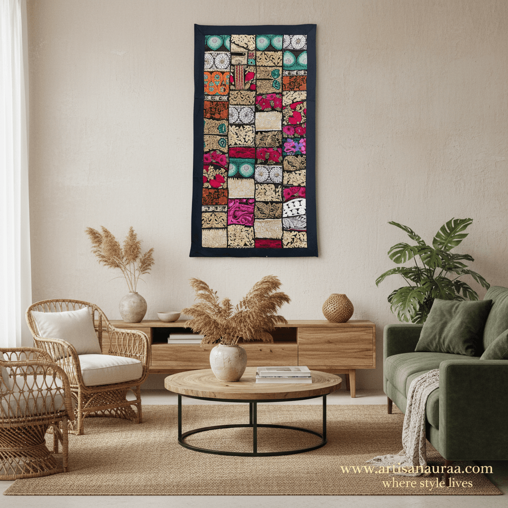 Bohemian Patchwork Tapestry Wall Hanging - Handmade Embroidered Fabric Art for Boho Home Decor, Living Room, Bedroom, Gift
