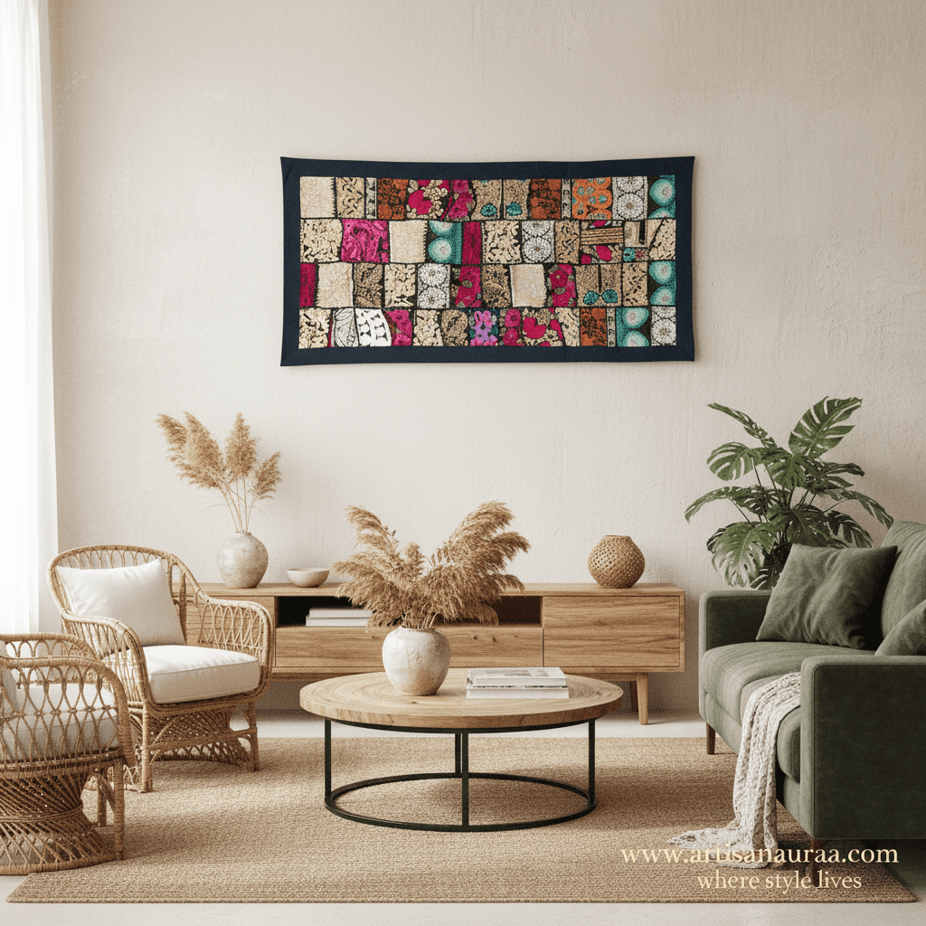 Bohemian Patchwork Tapestry Wall Hanging - Handmade Embroidered Fabric Art for Boho Home Decor, Living Room, Bedroom, Gift