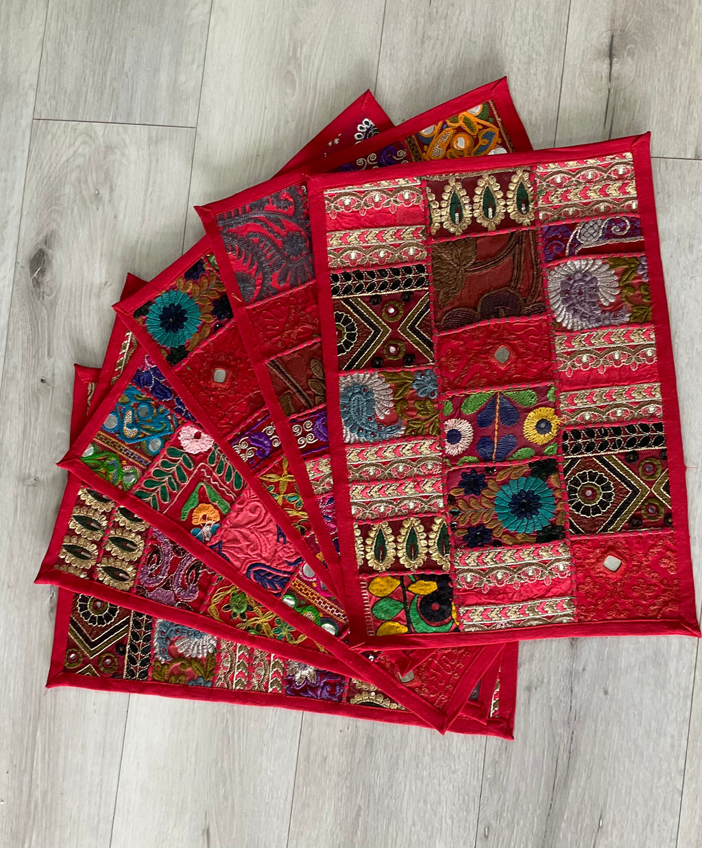 Vibrant Red Bohemian Patchwork Placemat Set (Set of 6)