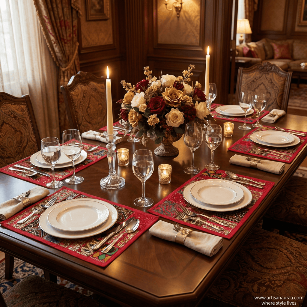 Vibrant Red Bohemian Patchwork Placemat Set (Set of 6)