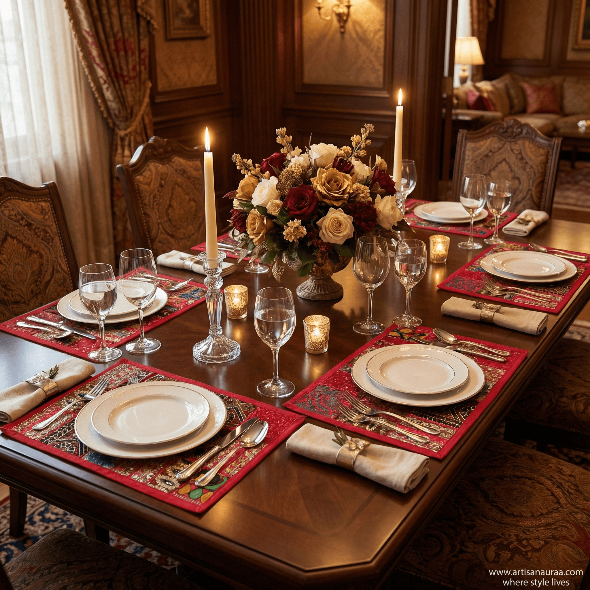 Vibrant Red Bohemian Patchwork Placemat Set (Set of 6)