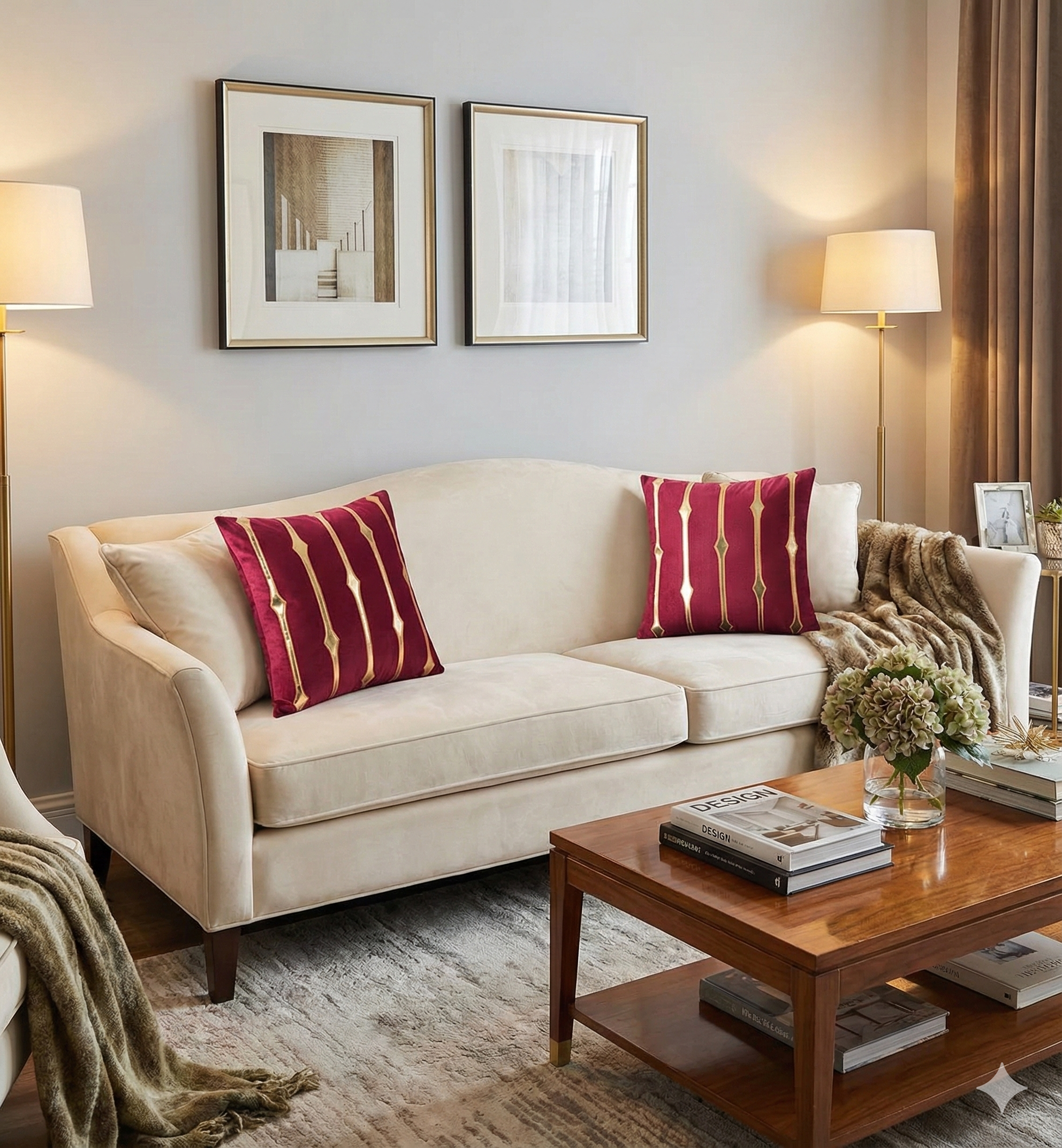 Two deep red velvet throw pillows with vertical gold stripes placing a bold contrast on a white sofa with wood tables.