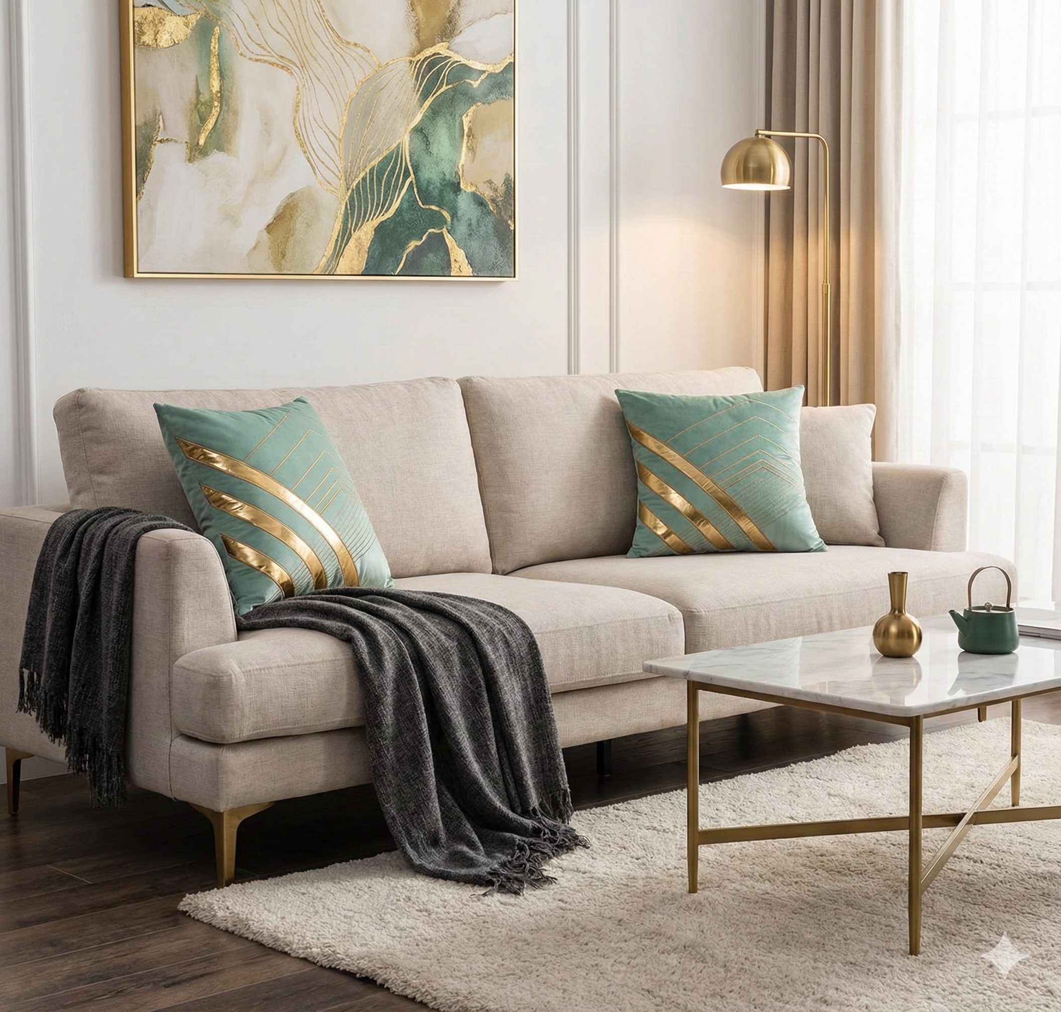 Aqua green velvet throw pillows with gold art deco patterns placed on a light beige sofa for a fresh, bright look.