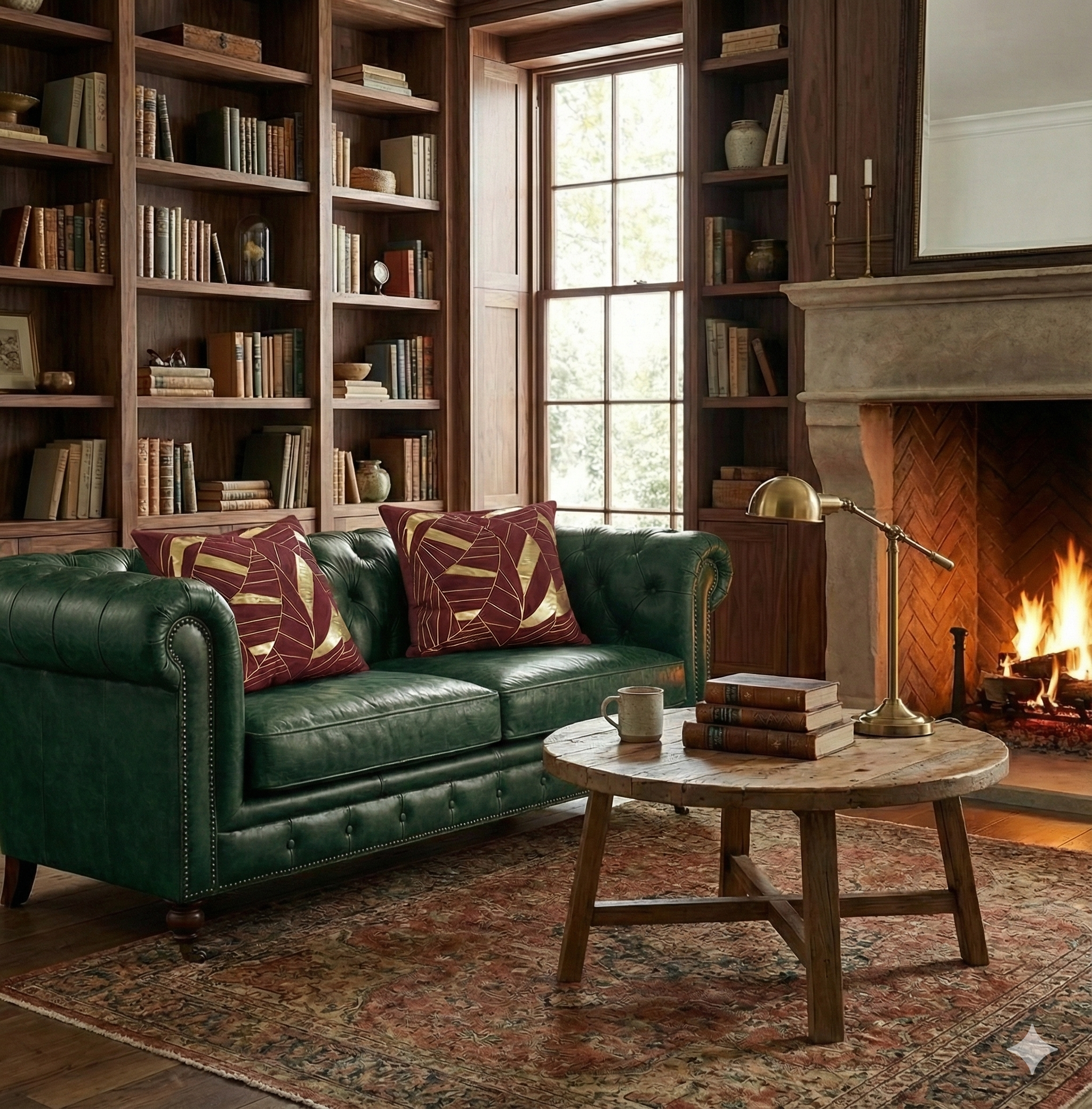 Luxurious red and gold Art Deco style cushion covers styled on a classic green leather Chesterfield sofa in a cozy, rustic library setting.
