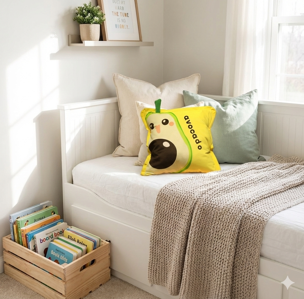 Happy avocado pillow placed on a white nursery daybed with neutral throw pillows, a knit blanket, and a crate of children's books.