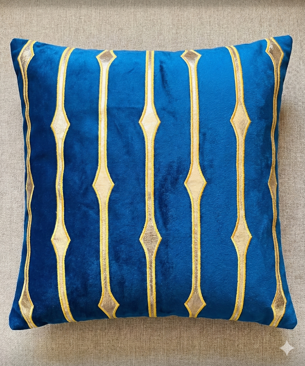 Front view of the Azure Diamond Line cushion cover in bright royal blue velvet with vertical metallic gold jeweled stripes.
