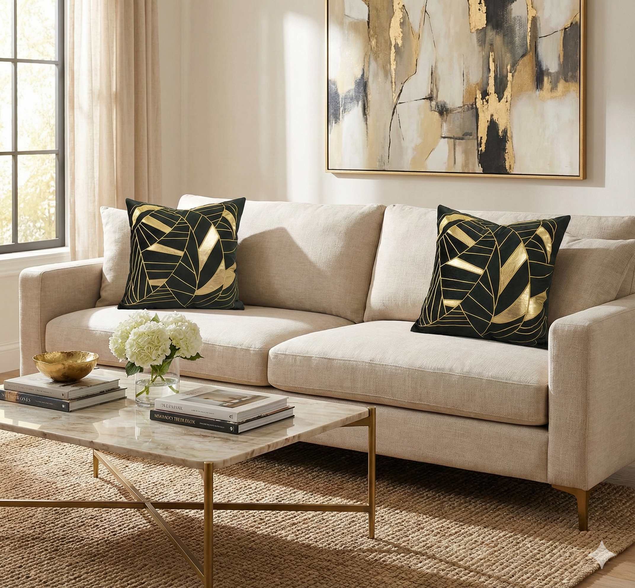 Two black velvet and gold geometric pillows styled on a modern beige sofa in a bright, neutral living room.