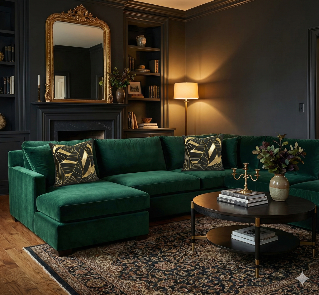 Black velvet and gold geometric leaf pillows styled on an emerald green velvet sectional sofa in a dark, moody living room.
