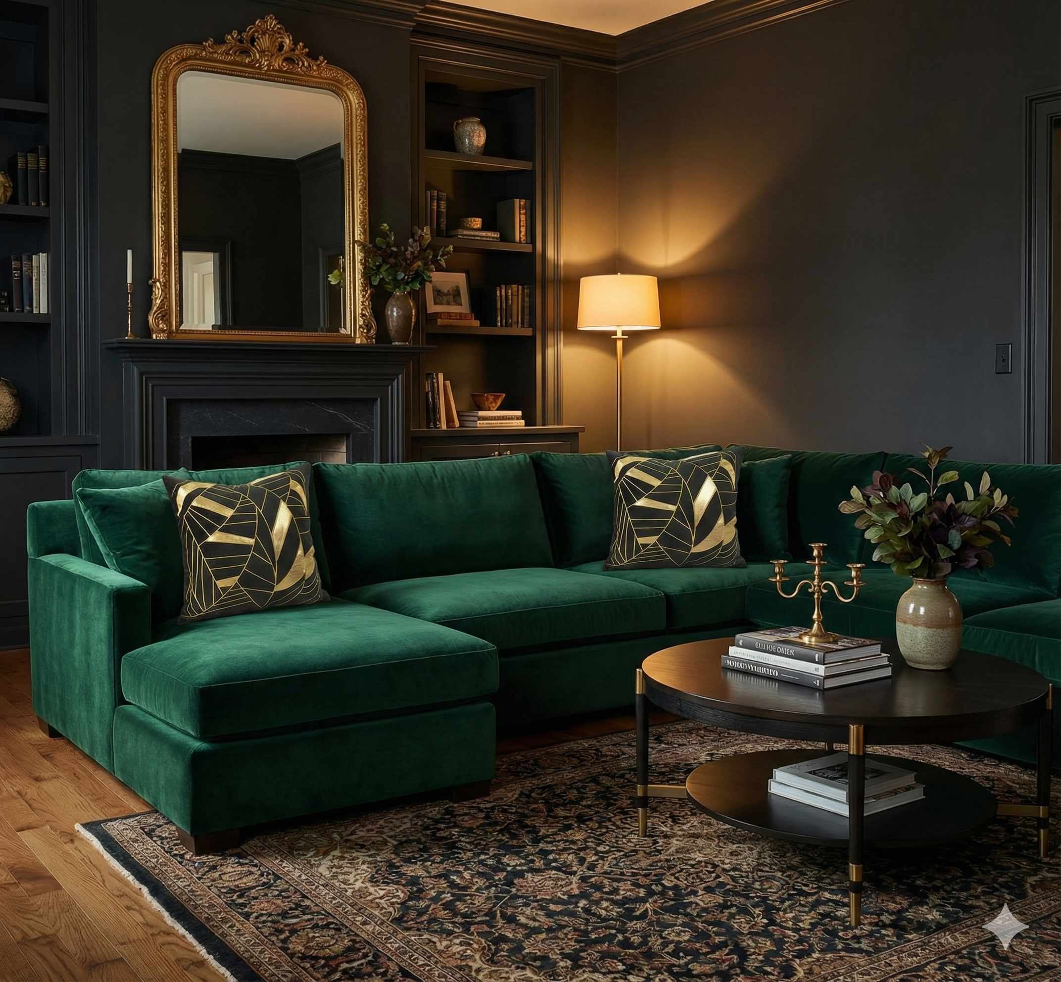 Black velvet and gold geometric leaf pillows styled on an emerald green velvet sectional sofa in a dark, moody living room.