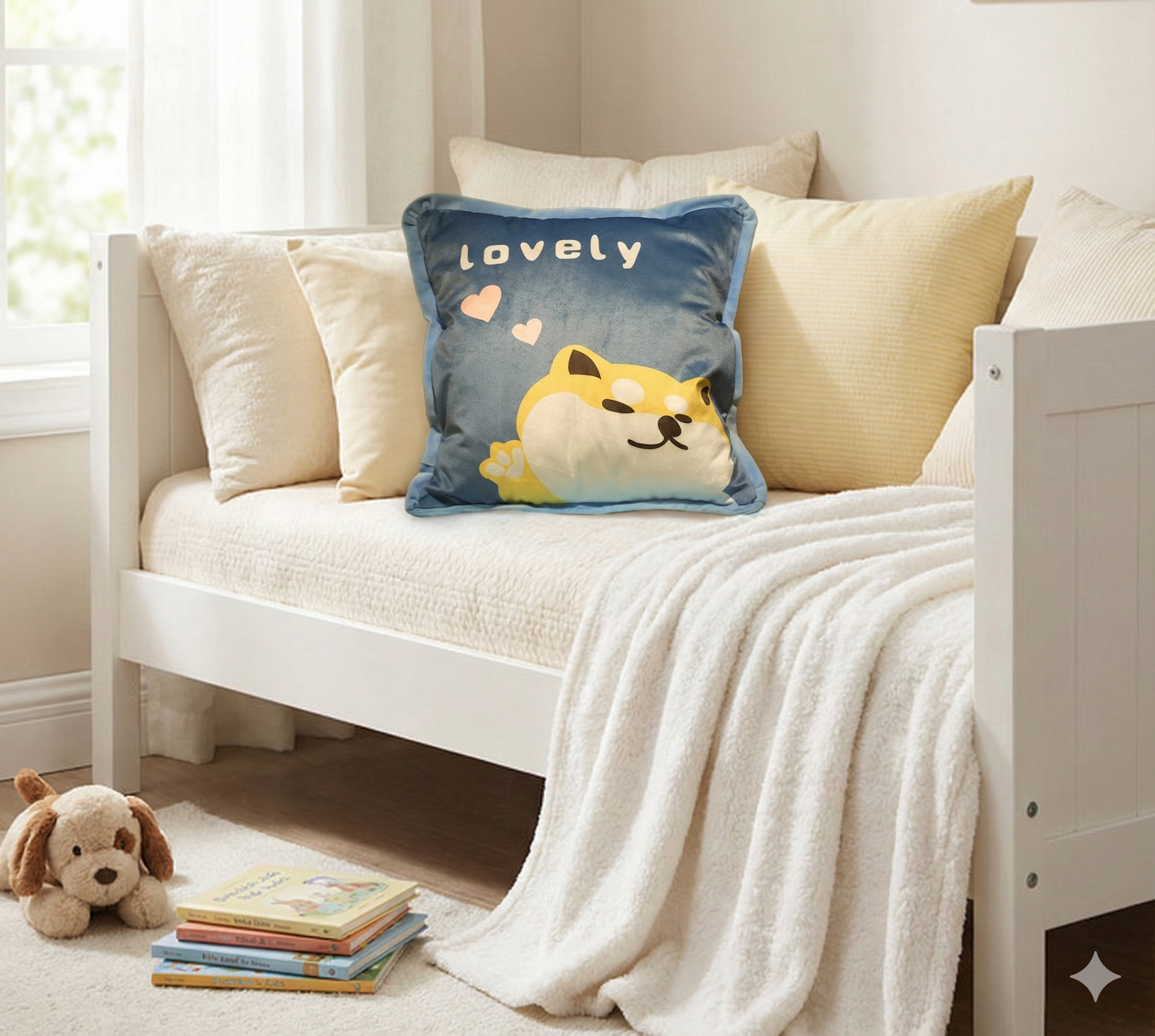 Blue Shiba Inu puppy pillow sitting on a white toddler daybed with neutral throw pillows, next to a plush dog toy and storybooks.