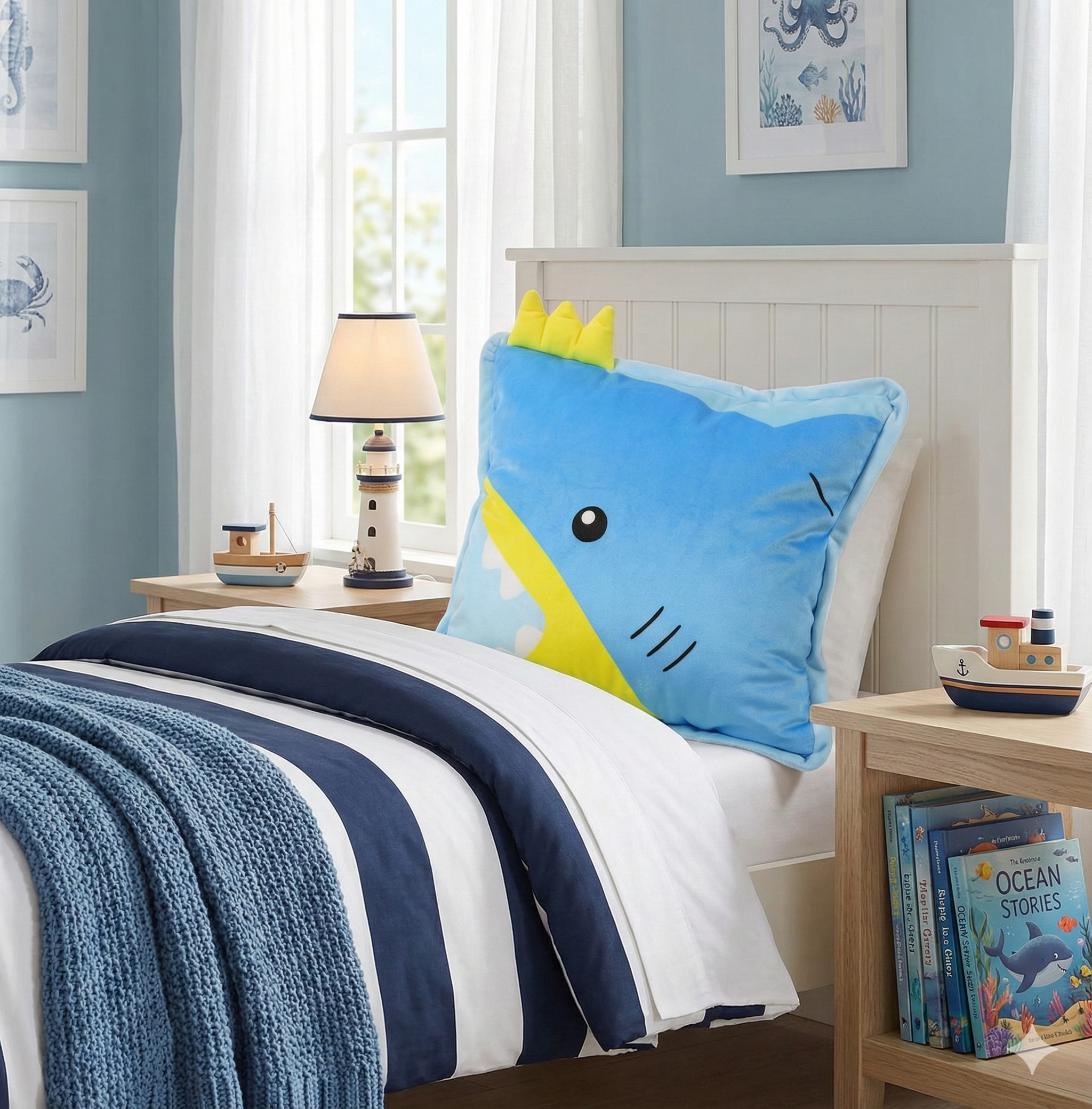 Blue shark pillow placed on a white bed with navy striped bedding, next to a lighthouse lamp and wooden boat toy in an ocean-themed room.