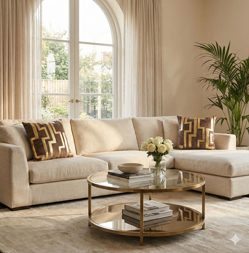 Two brown velvet and gold maze pattern pillows styled on a beige sectional sofa in a bright, sunlit living room.