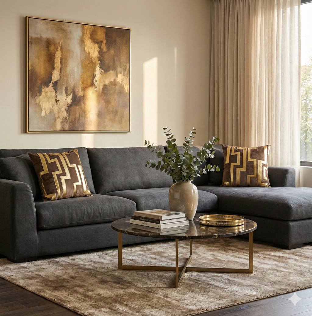 Brown velvet cushions with gold geometric Greek key design placed on a dark grey charcoal sofa with a marble coffee table.