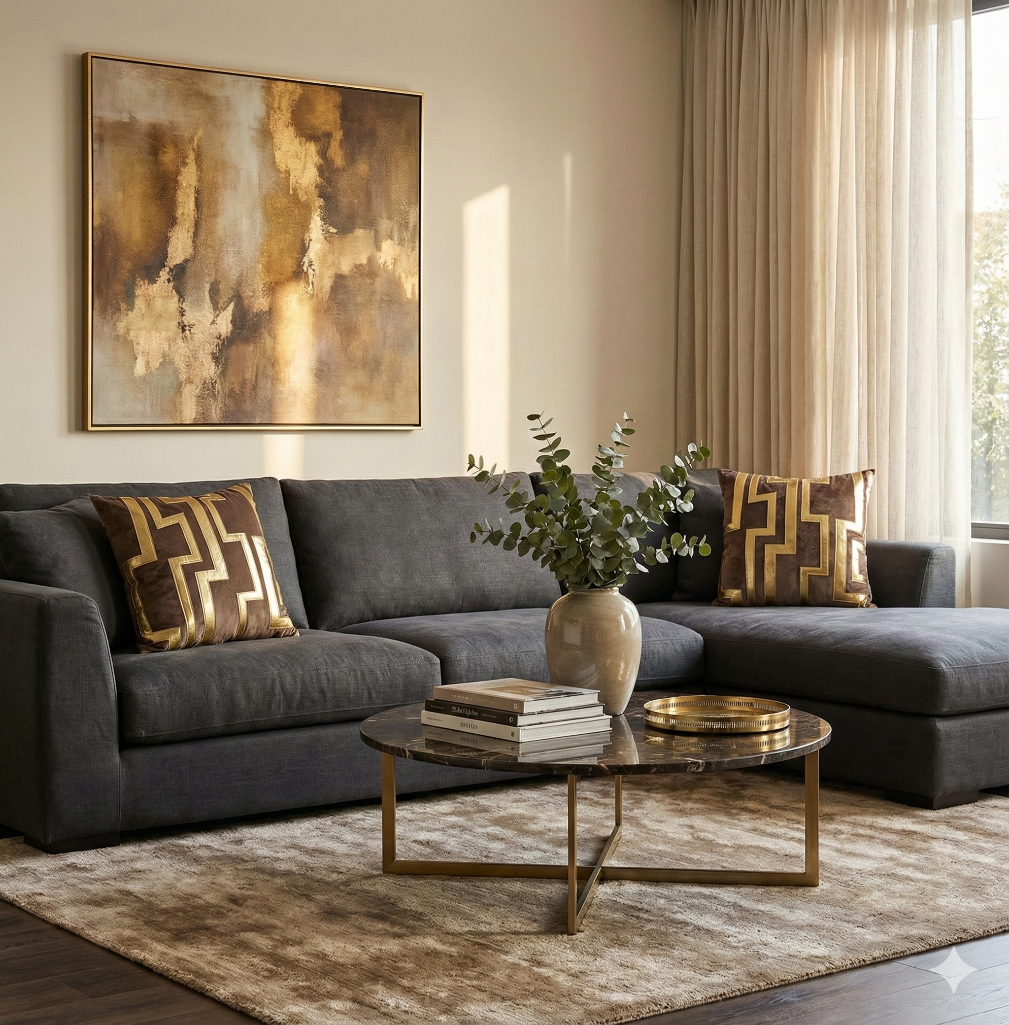 Brown velvet cushions with gold geometric Greek key design placed on a dark grey charcoal sofa with a marble coffee table.