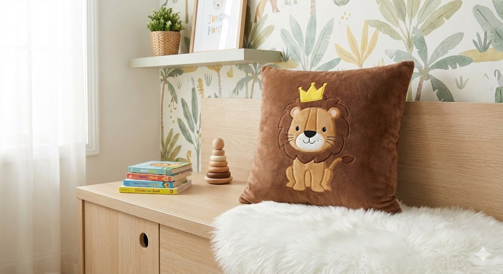 Brown plush lion cub cushion cover placed on a wooden nursery bench with a white fur throw, children's books, and safari wallpaper in the background.