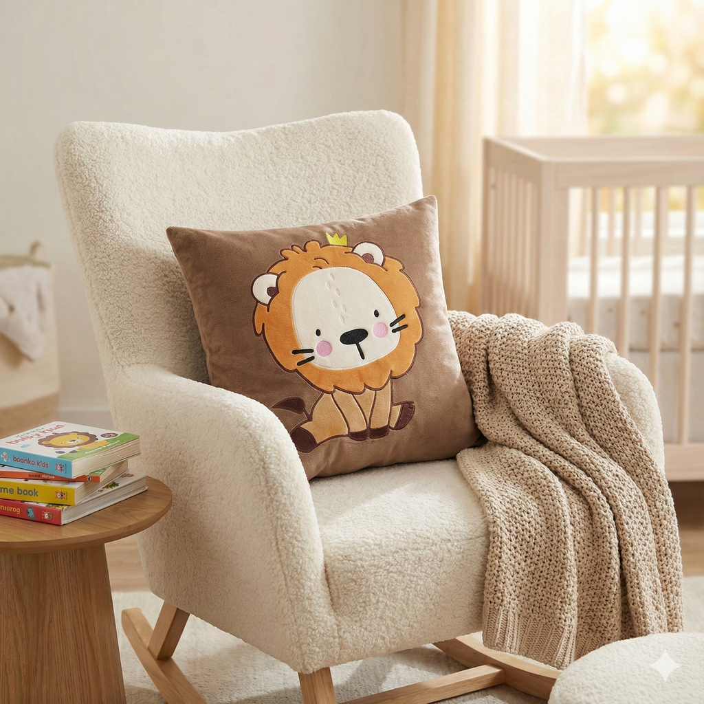 Safari themed nursery decor featuring the cute lion cub throw pillow on a wooden bench against jungle leaf wallpaper with books and toys.