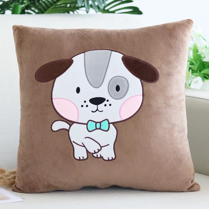 Brown plush nursery cushion cover featuring an embroidered cartoon puppy with a blue bowtie.