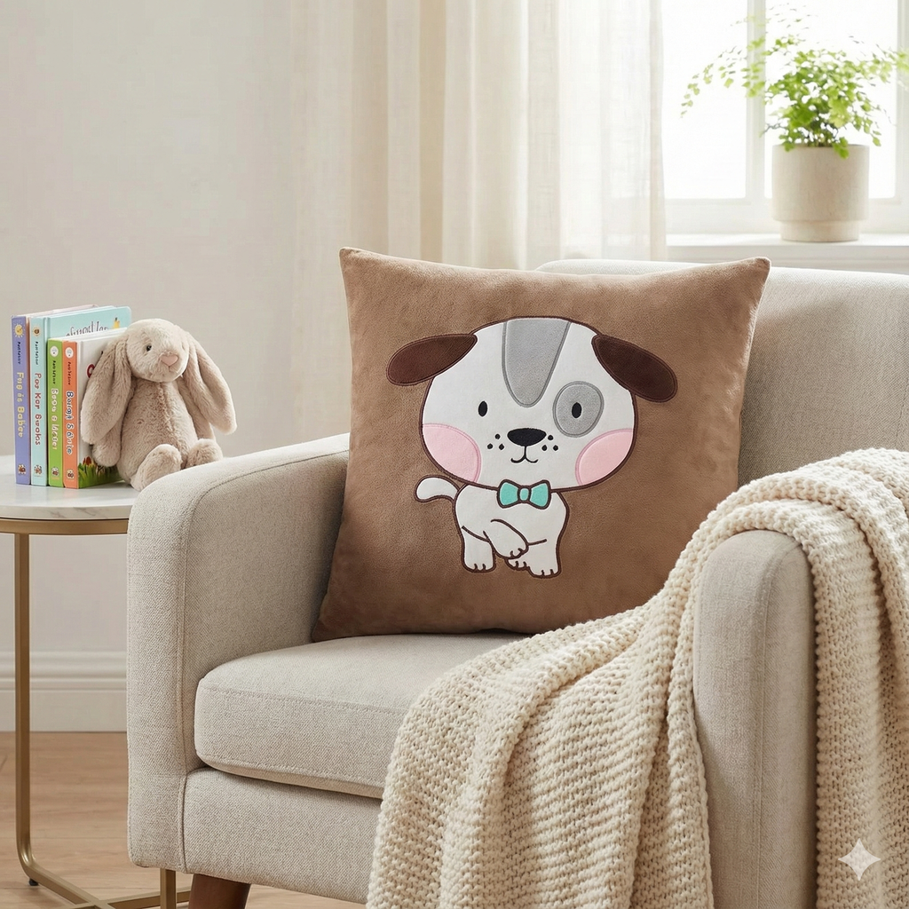 Brown plush puppy embroidered pillow resting on a beige nursery armchair with a knit throw and a stuffed bunny toy.